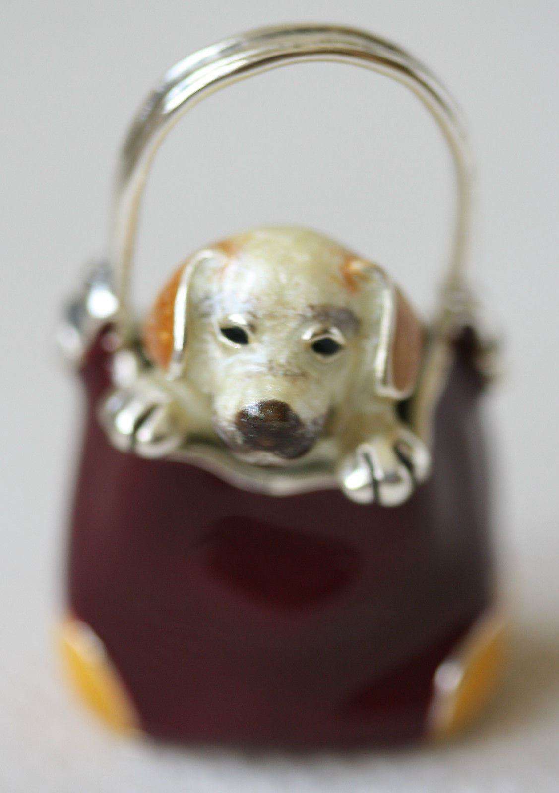 925 STERLING SOLID SILVER AND ENAMEL DOG IN A BAG SATURNO ITALIAN MINATURE