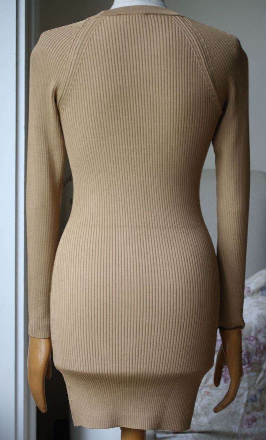 A.L.C. NICK LONG-SLEEVE BEIGE RIBBED STRETCH DRESS SMALL - Image 9