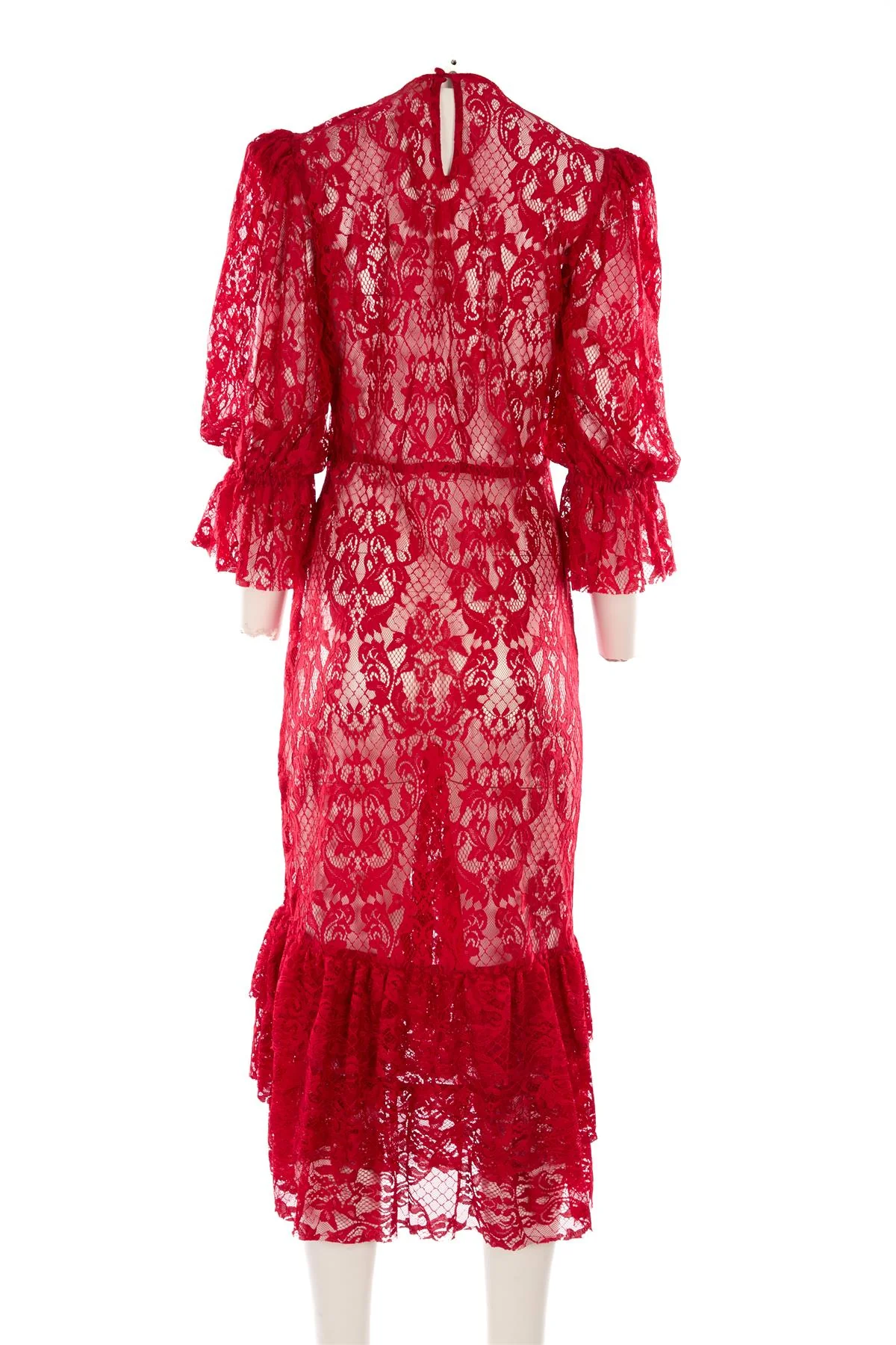 ADRIANNA DEGREAS RED LACE MIDI DRESS LARGE - Image 4