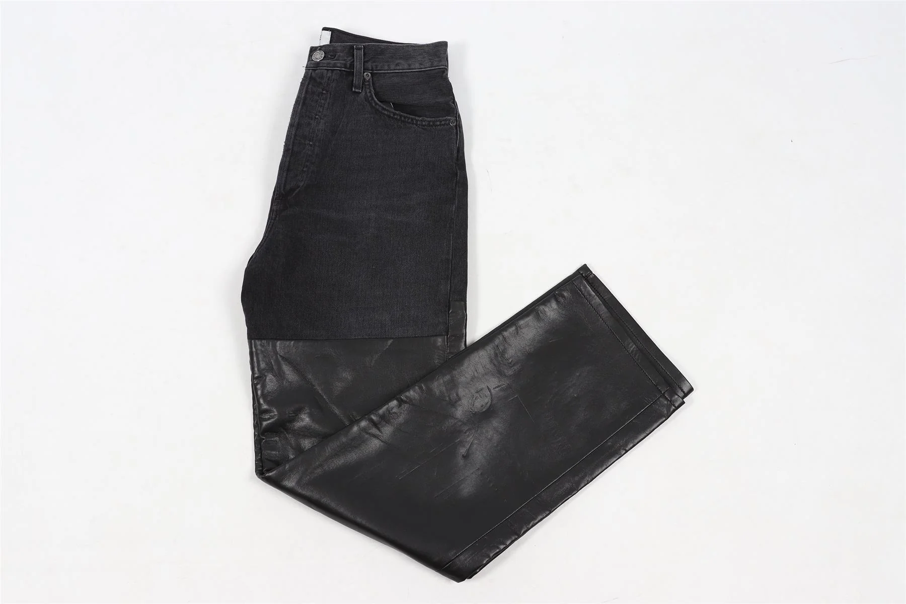 AGOLDE BLACK DENIM AND LEATHER STRAIGHT LEG PANTS W27 UK 8-10 - Image 2
