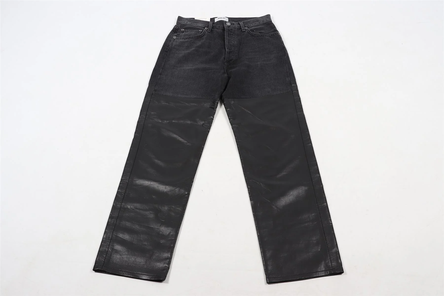 AGOLDE BLACK DENIM AND LEATHER STRAIGHT LEG PANTS W27 UK 8-10 - Image 3