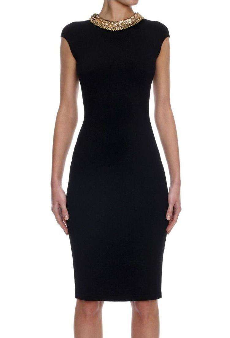 ALEXANDER MCQUEEN GOLD LEAF EMBELLISHED NECKLINE BODYCON DRESS XSMALL - Image 3