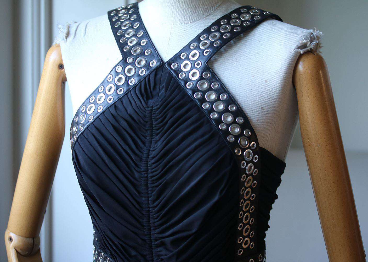 ALEXANDER WANG EYELET-EMBELLISHED LEATHER-TRIMMED STRETCH-CREPE GOWN US 2 UK 6 - Image 4