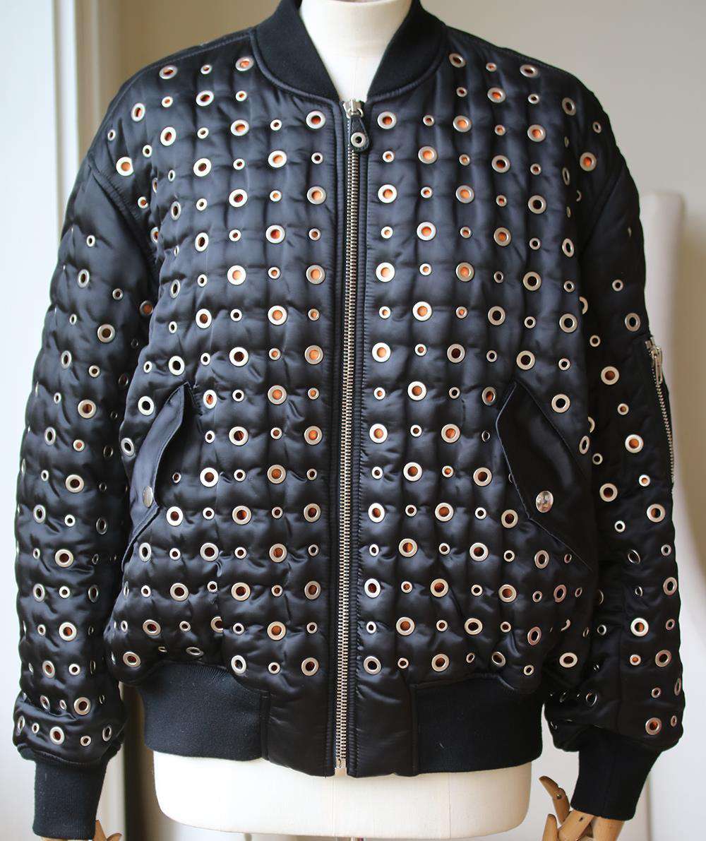 ALEXANDER WANG LEATHER TRIMMED EYELET EMBELLISHED BOMBER JACKET MEDIUM - Image 2