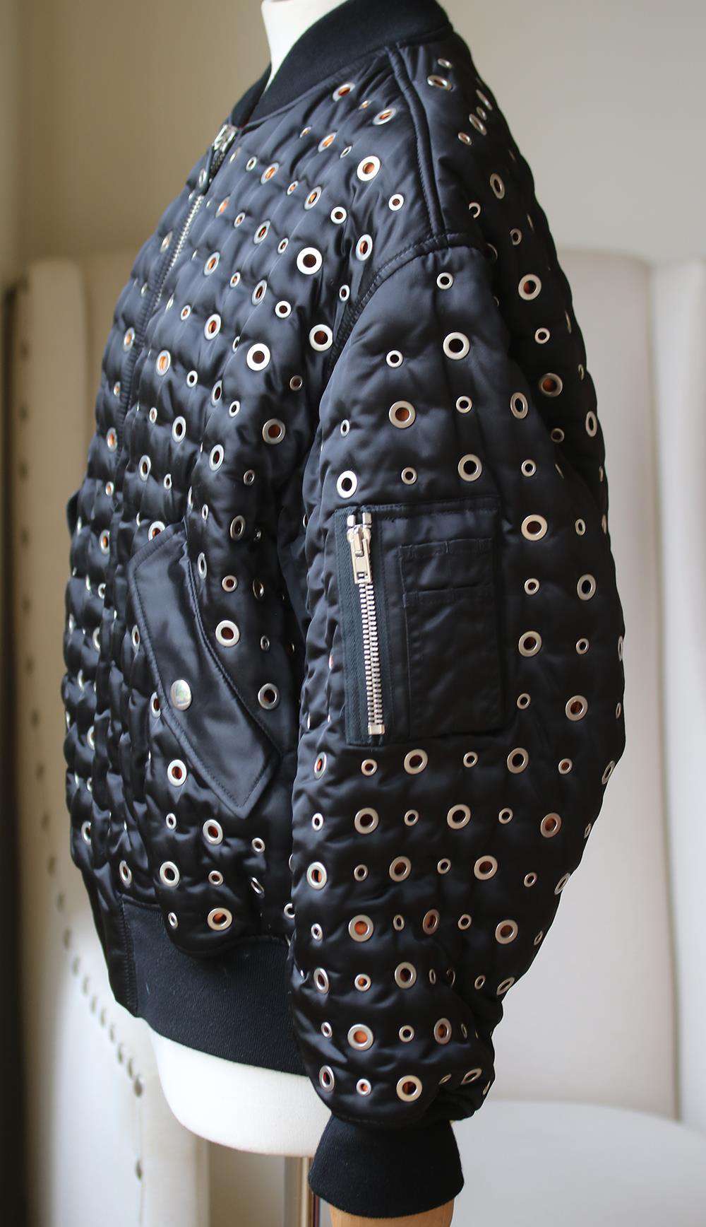 ALEXANDER WANG LEATHER TRIMMED EYELET EMBELLISHED BOMBER JACKET MEDIUM - Image 3