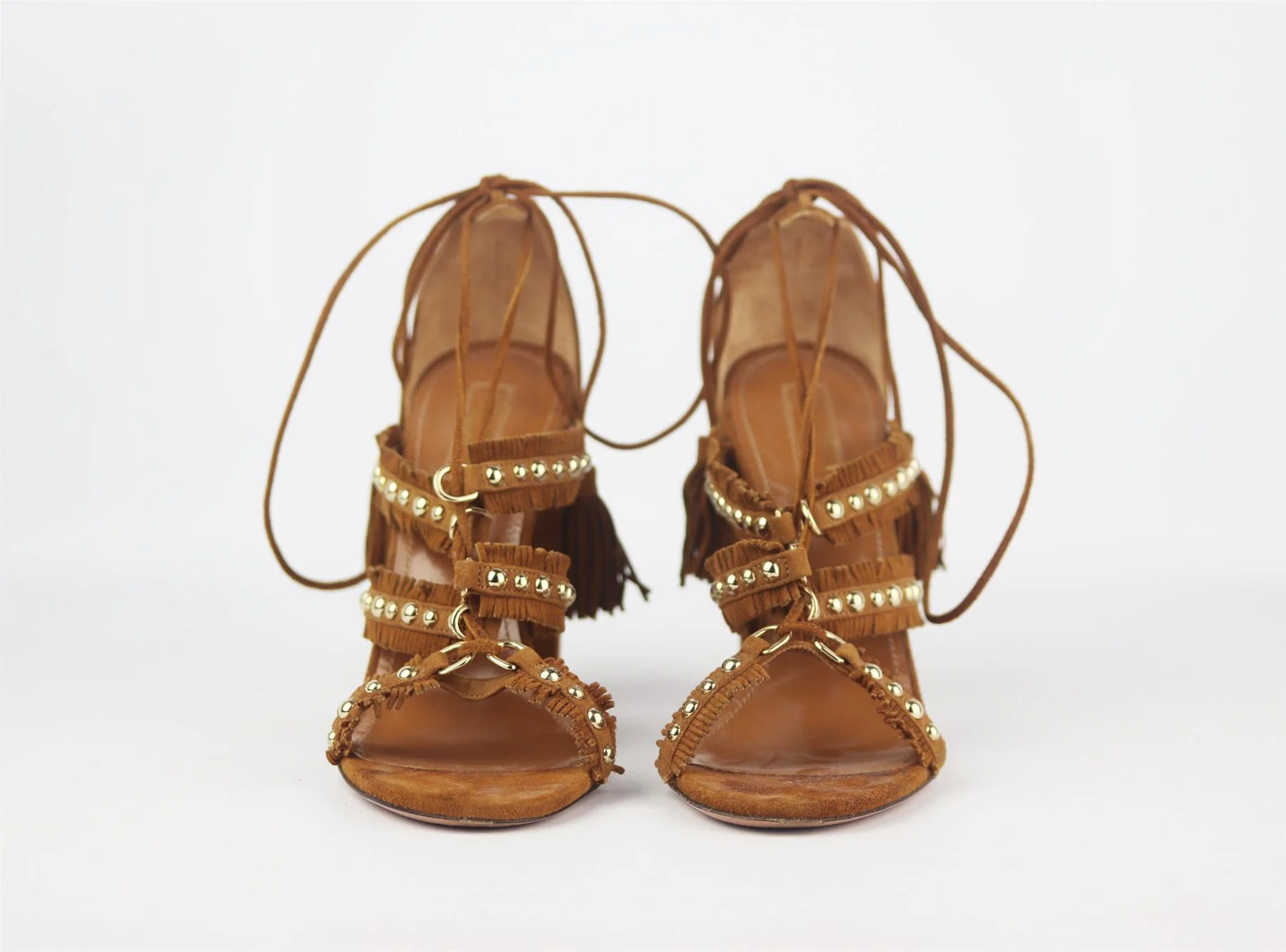 AQUAZZURA TULUM FRINGED STUDDED SUEDE SANDALS EU 38 UK 5 US 8 - Image 3