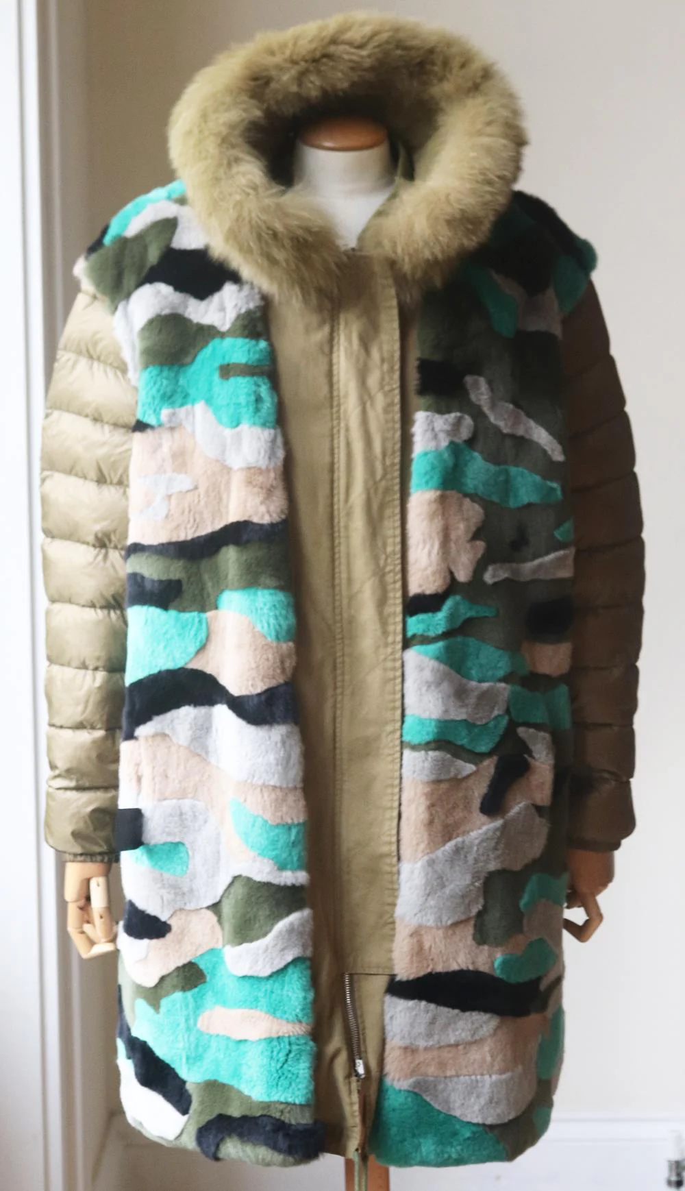 ARMY BY YVES SALOMON REVERSIBLE PRINTED RABBIT FUR AND COTTON PARKA FR 38 UK 10 - Image 5
