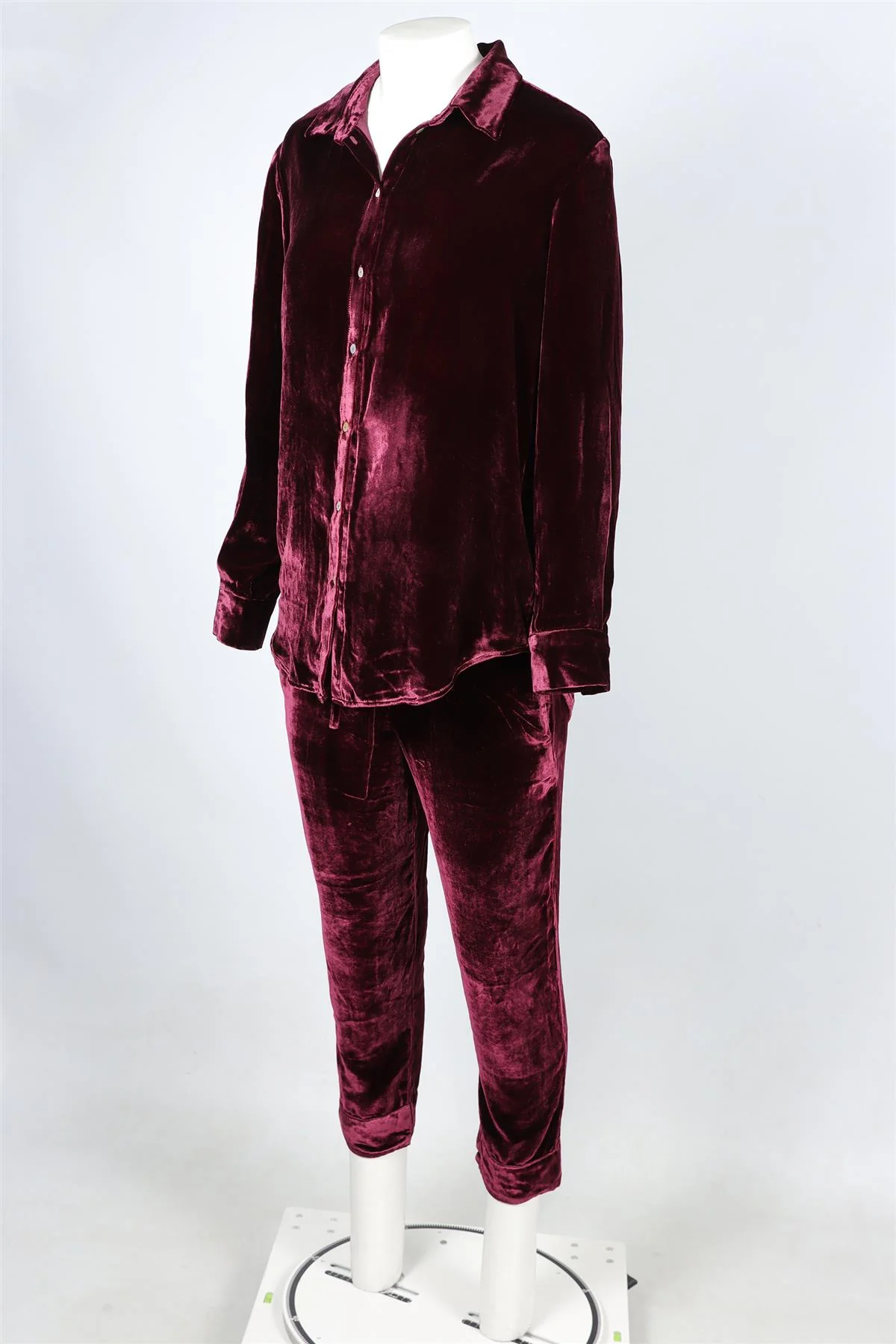 ASCENO BURGUNDY VELVET SHIRT AND TROUSERS SET XSMALL - Image 3