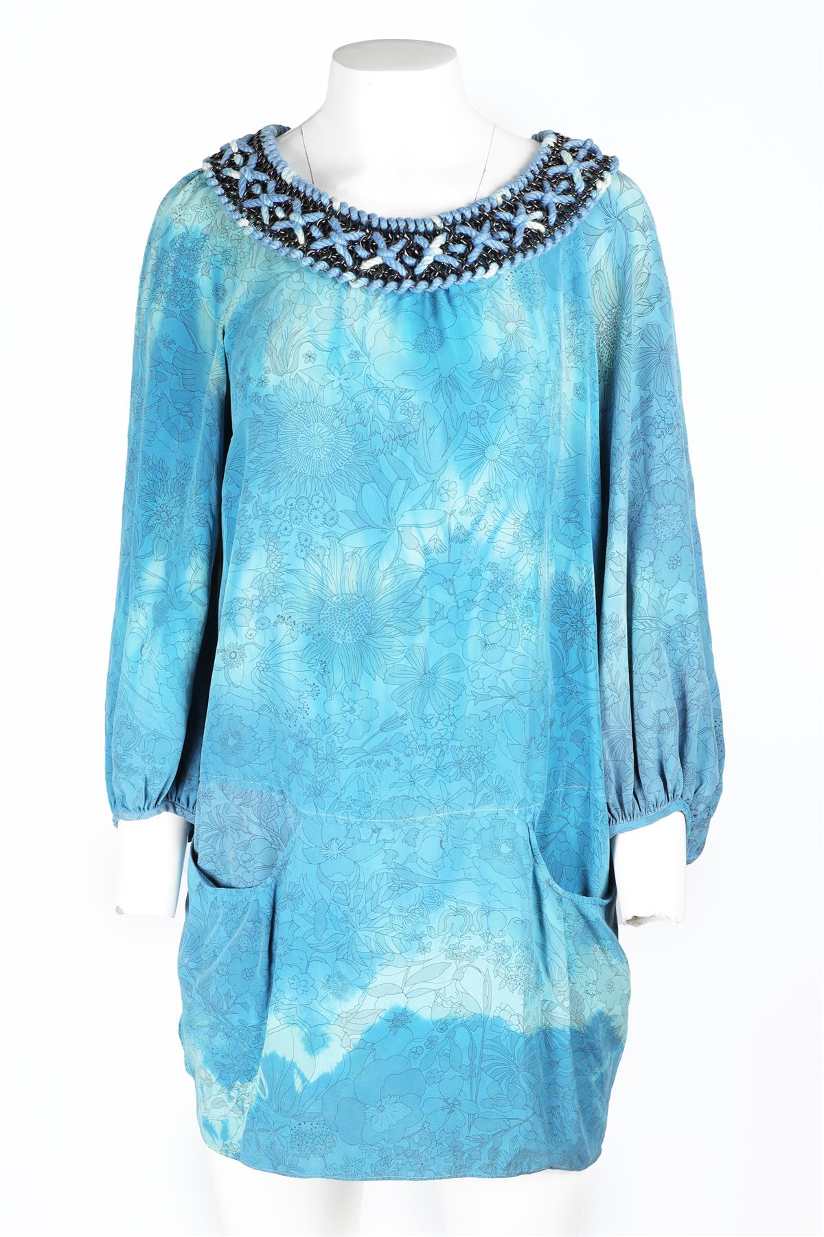 BALMAIN BLUE SILK MINI DRESS FR 38 UK 10 - Image 2