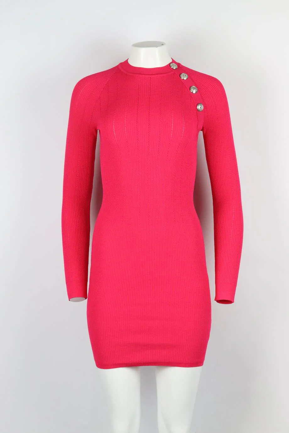 BALMAIN BUTTON EMBELLISHED RIBBED STRETCH KNIT MINI DRESS FR 40 UK 12 - Image 2