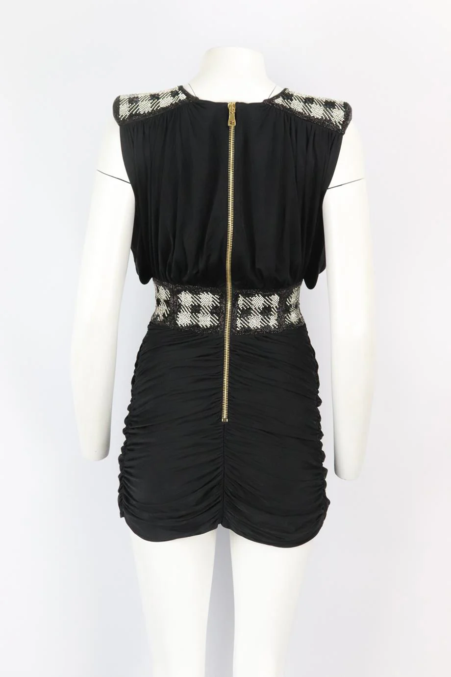 BALMAIN CRYSTAL EMBELLISHED RUCHED WRAP EFFECT JERSEY MINI DRESS FR 36 UK 8 - Image 4