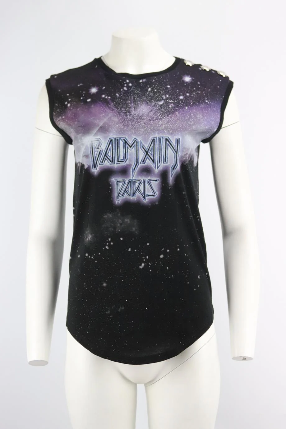 BALMAIN EMBELLISHED PRINTED COTTON JERSEY TOP FR 36 UK 8 - Image 2