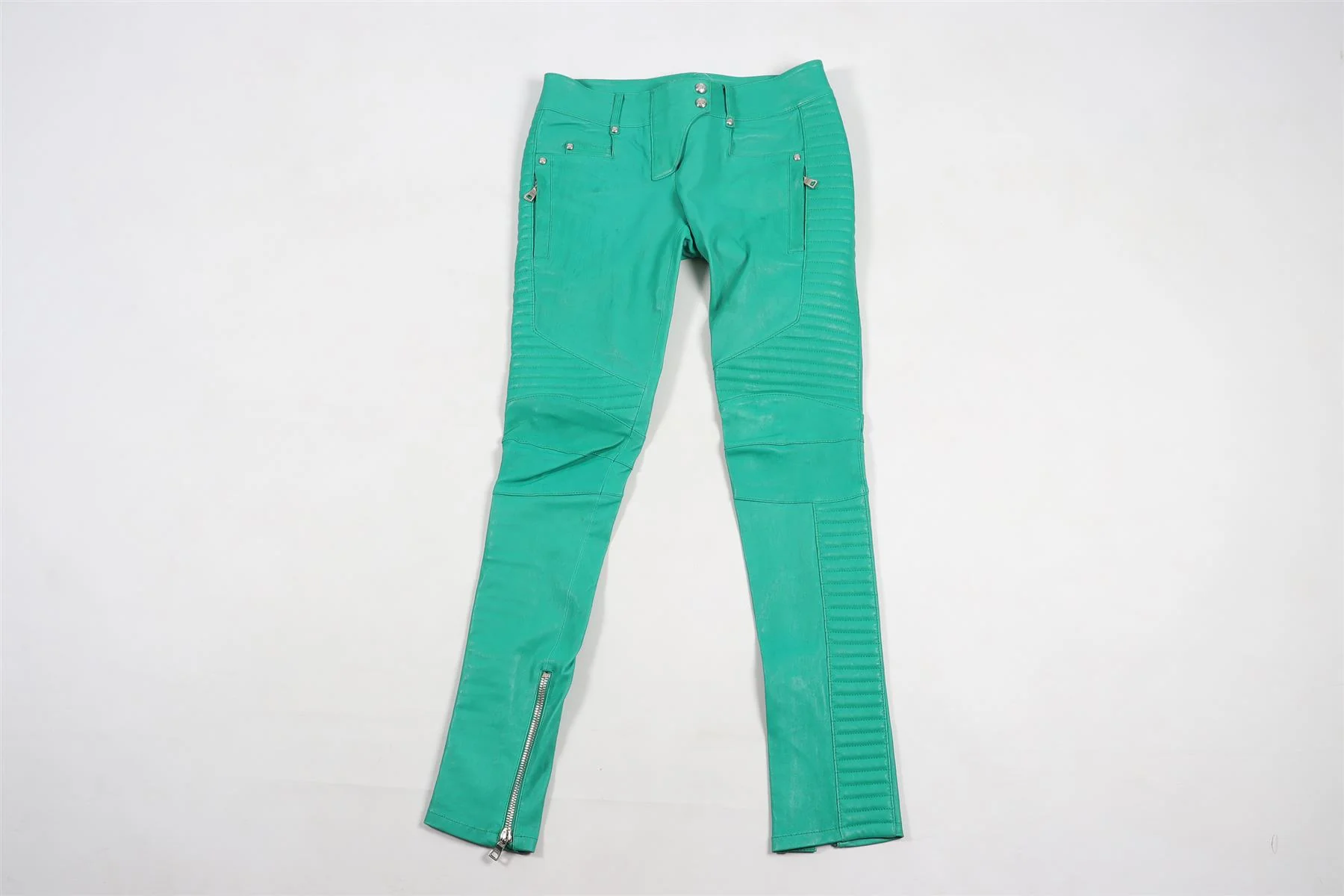 BALMAIN GREEN LEATHER SKINNY PANTS FR 38 UK 10 - Image 2
