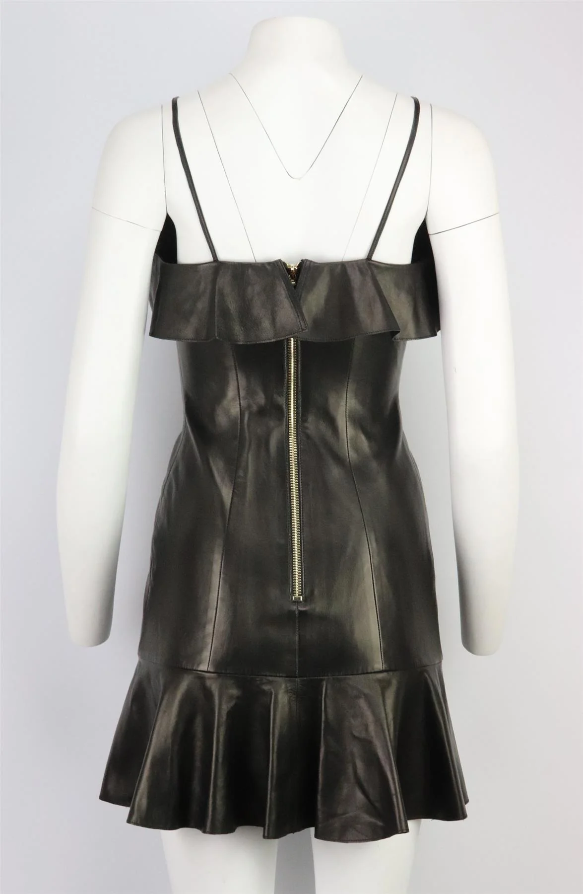 BALMAIN WRAP EFFECT RUFFLED LEATHER MINI DRESS FR 36 UK 8 - Image 5