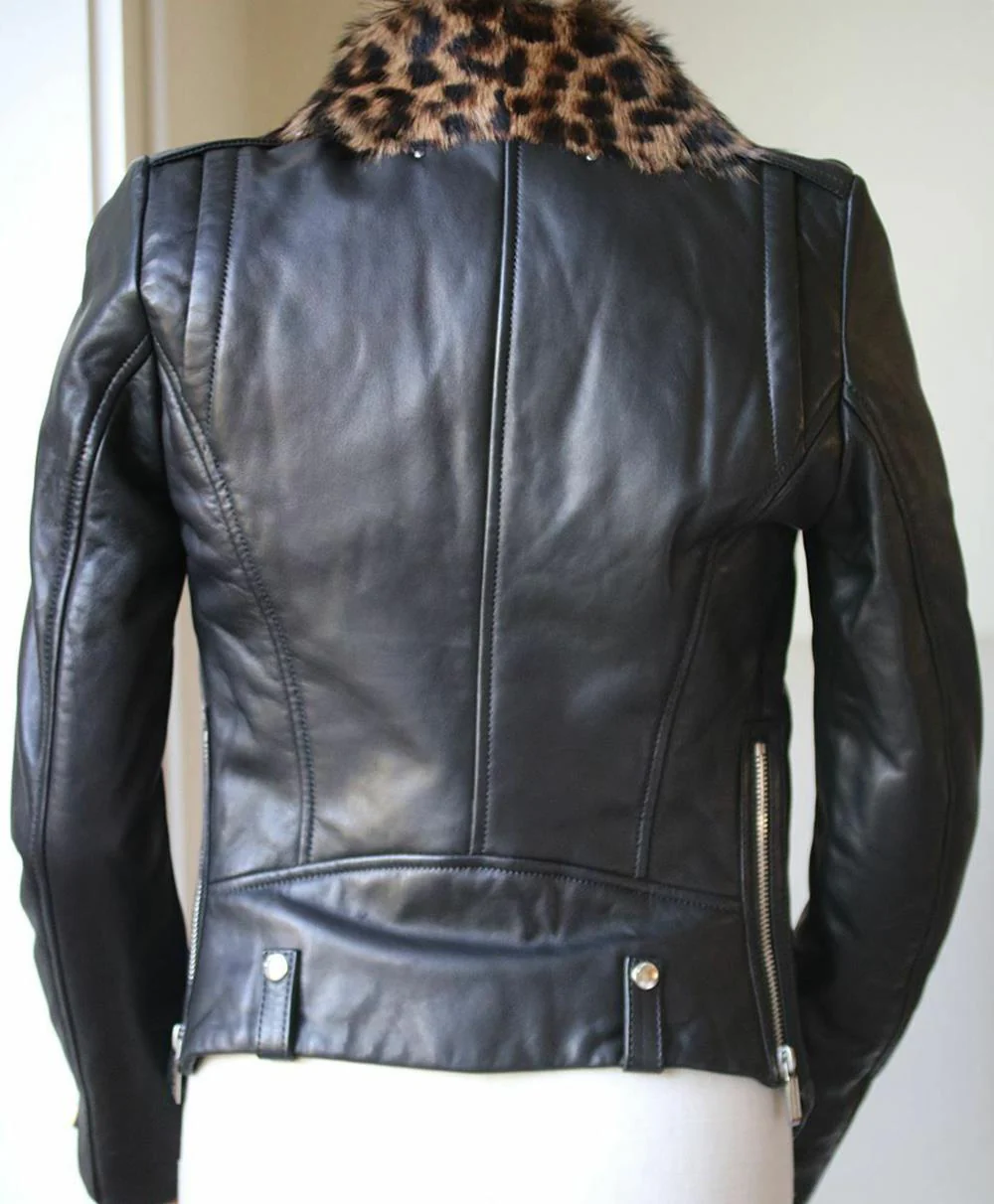 BARBARA BUI LEOPARD PRINT SHEARLING AND LEATHER BIKER JACKET FR 38 UK 10 - Image 4