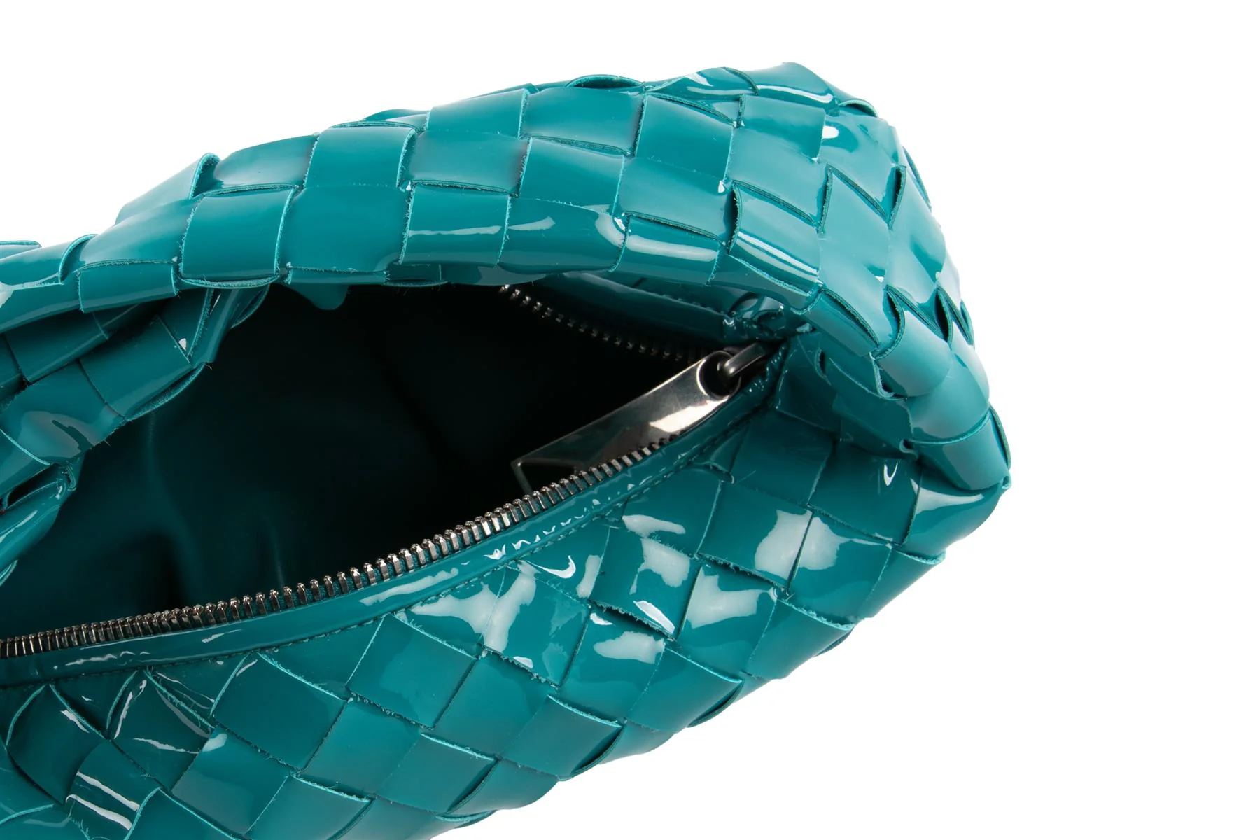 BOTTEGA VENETA BLUE JODIE MINI INTRECCIATO PATENT LEATHER TOTE BAG - Image 7