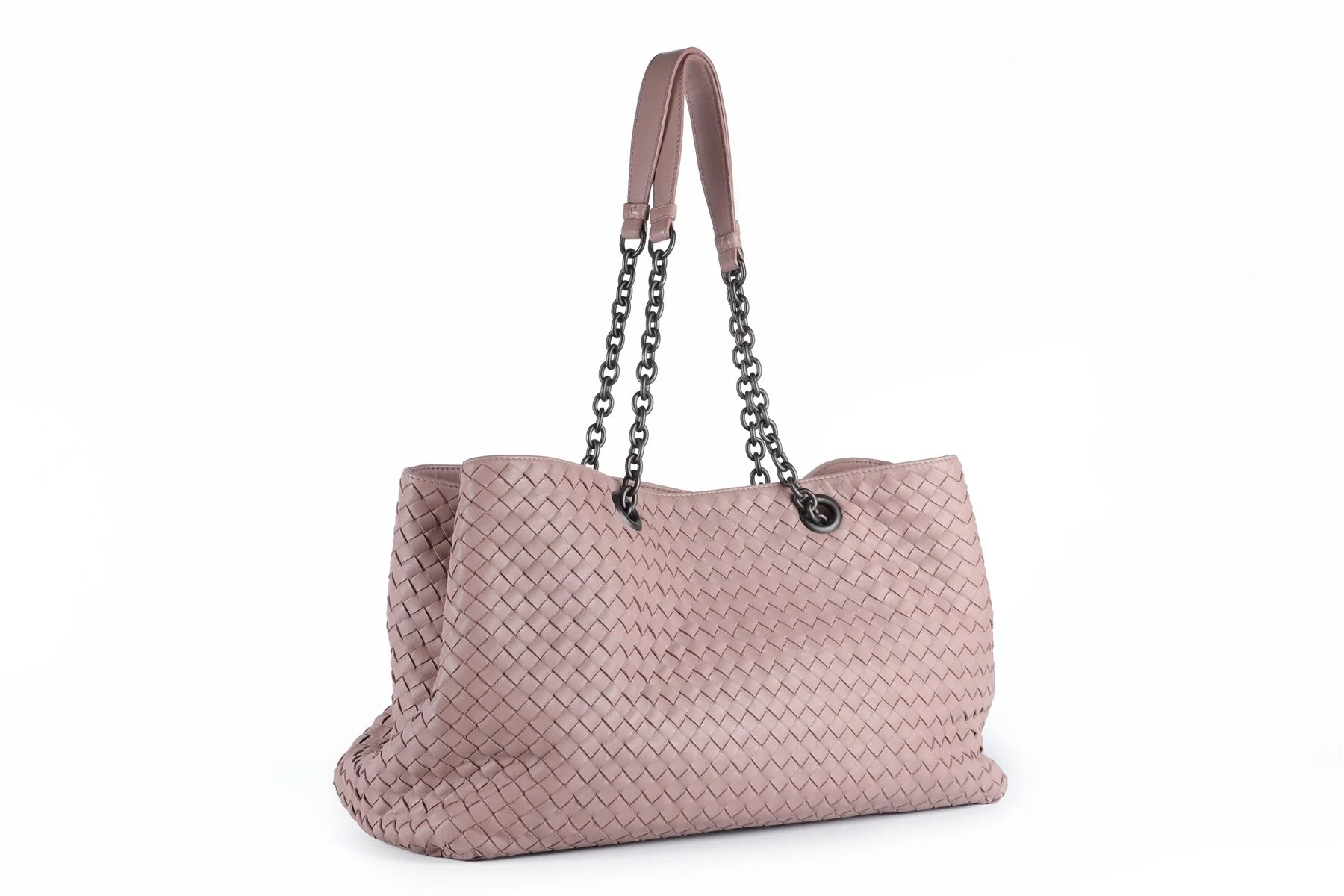 BOTTEGA VENETA PINK DOUBLE CHAIN MEDIUM INTRECCIATO LEATHER TOTE BAG - Image 3