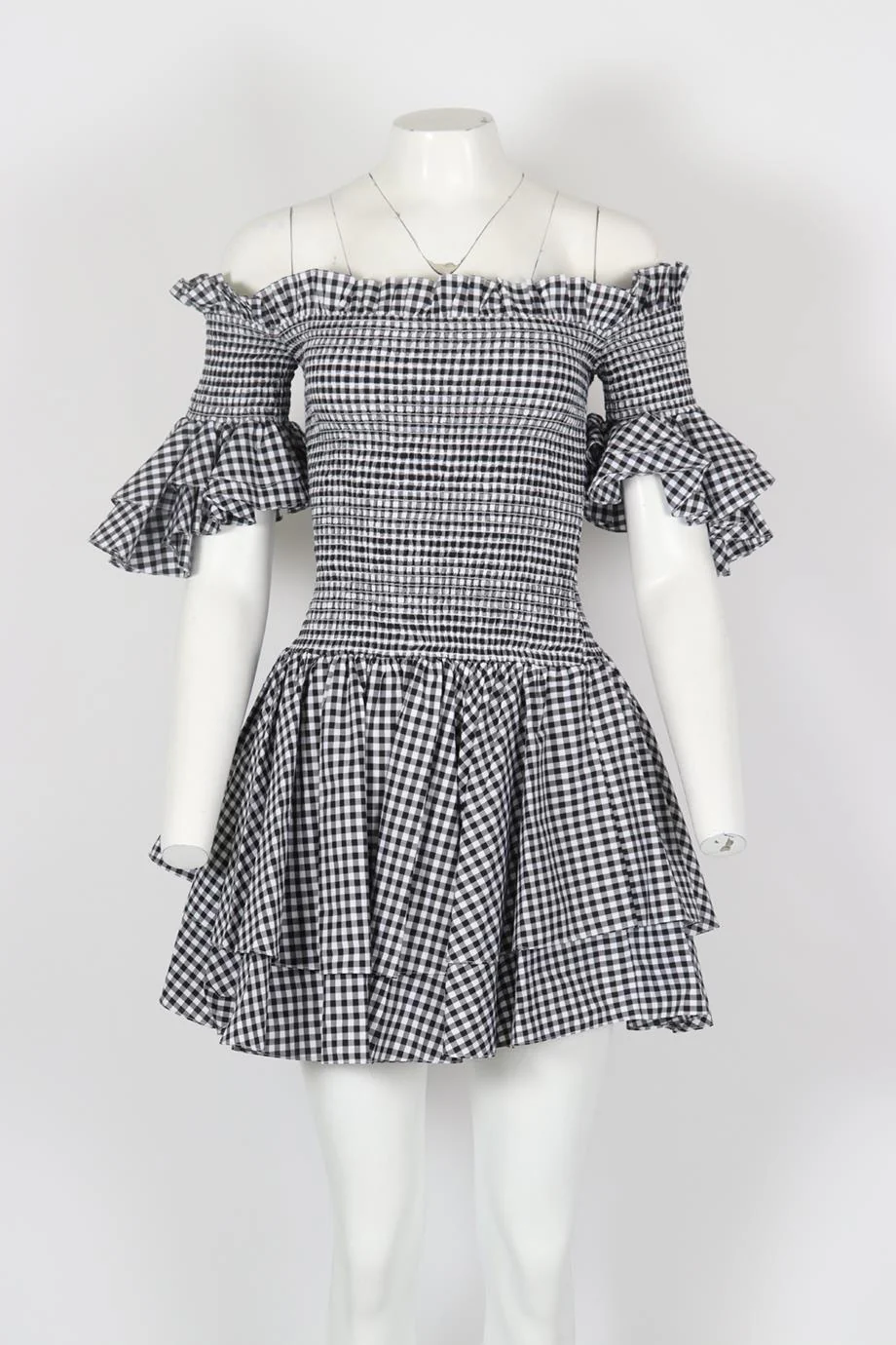 CAROLINE CONSTAS OFF THE SHOULDER CHECKED COTTON MINI DRESS XSMALL - Image 2