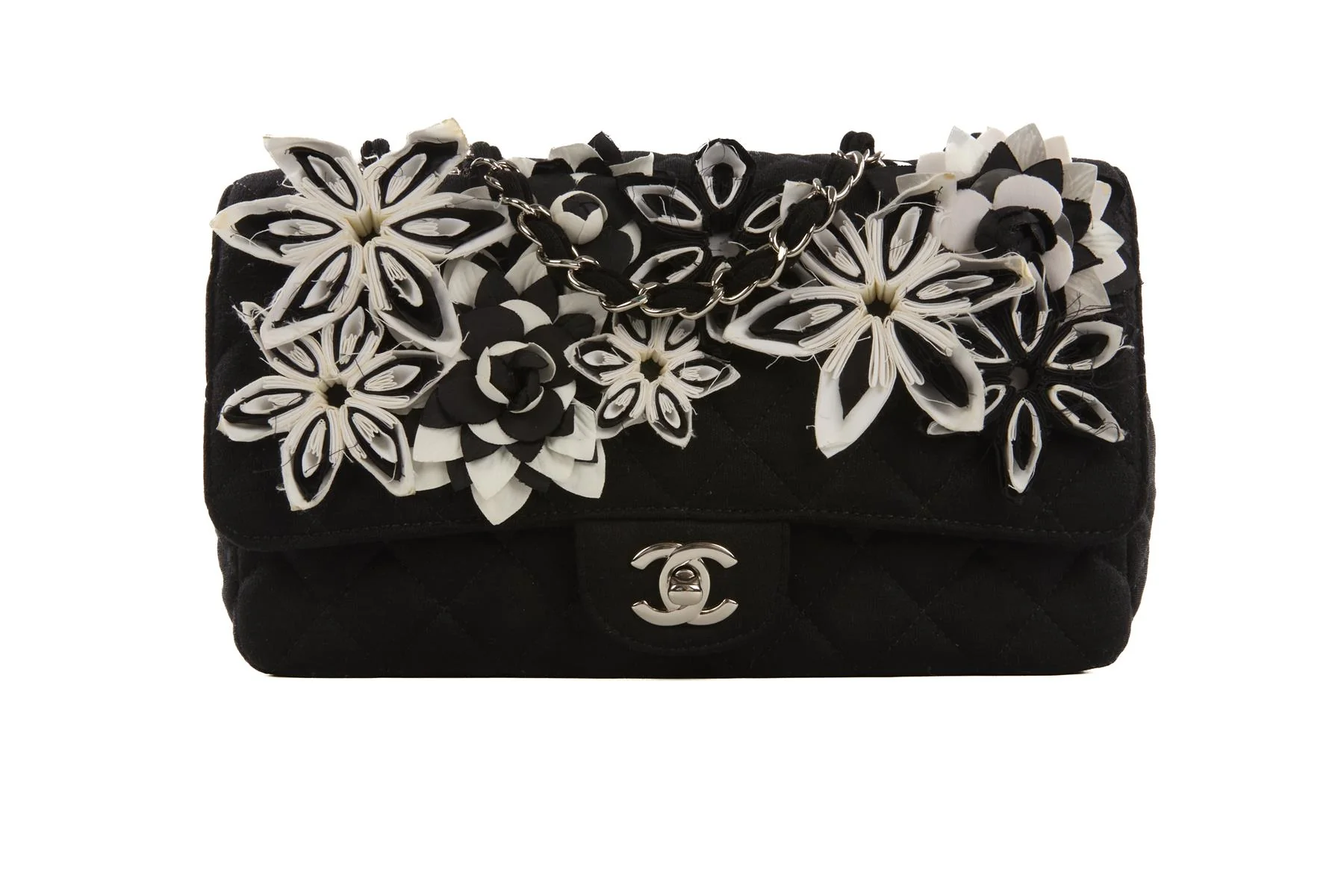 CHANEL BLACK FABRIC FLOWER EMBELLISHED MEDIUM SINGLE FLAP SHOULDER BAG - Image 2