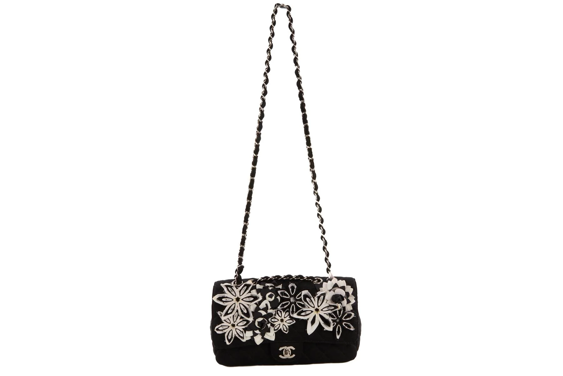 CHANEL BLACK FABRIC FLOWER EMBELLISHED MEDIUM SINGLE FLAP SHOULDER BAG - Image 3