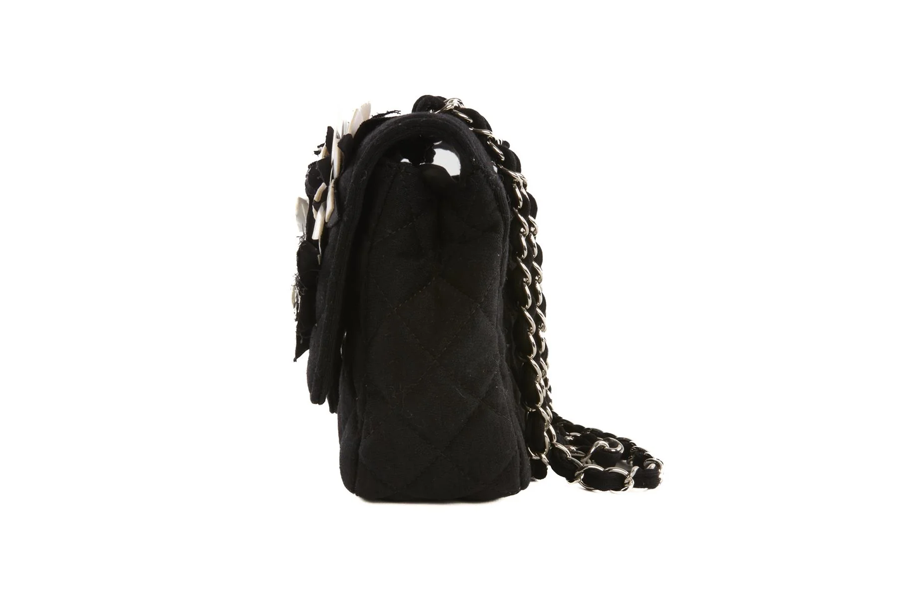 CHANEL BLACK FABRIC FLOWER EMBELLISHED MEDIUM SINGLE FLAP SHOULDER BAG - Image 6