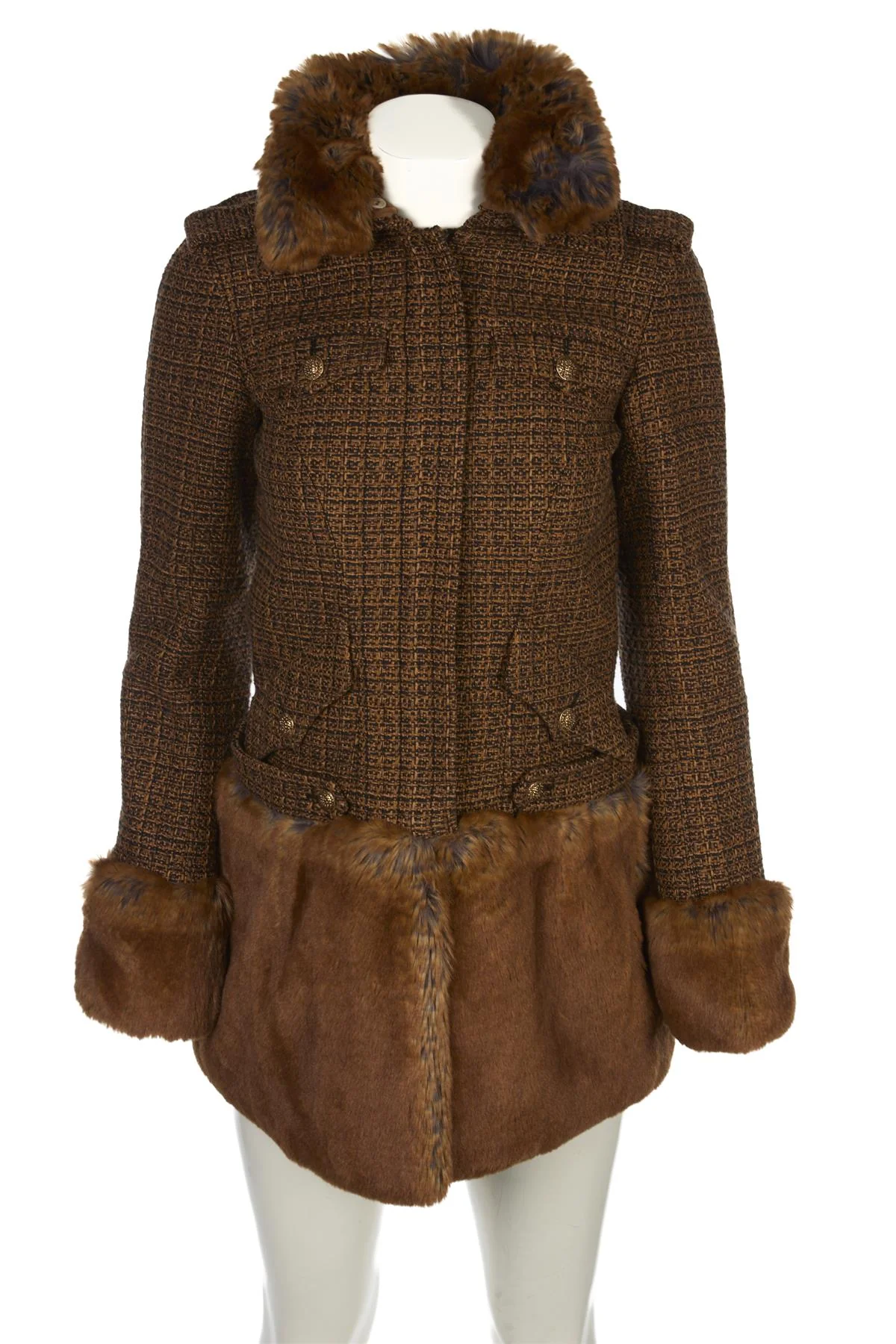 CHANEL BROWN 2010 FAUX FUR AND TWEED COAT FR 36 UK 8 - Image 2