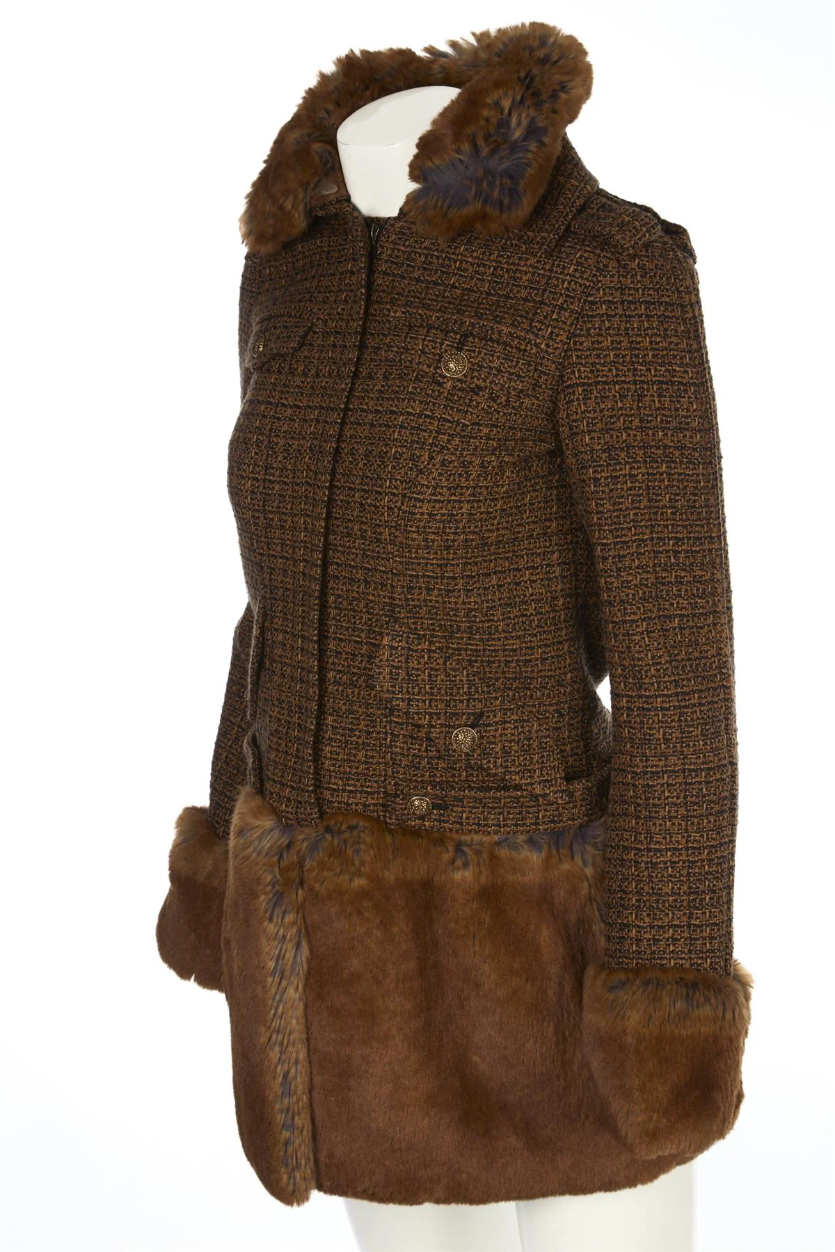 CHANEL BROWN 2010 FAUX FUR AND TWEED COAT FR 36 UK 8 - Image 3