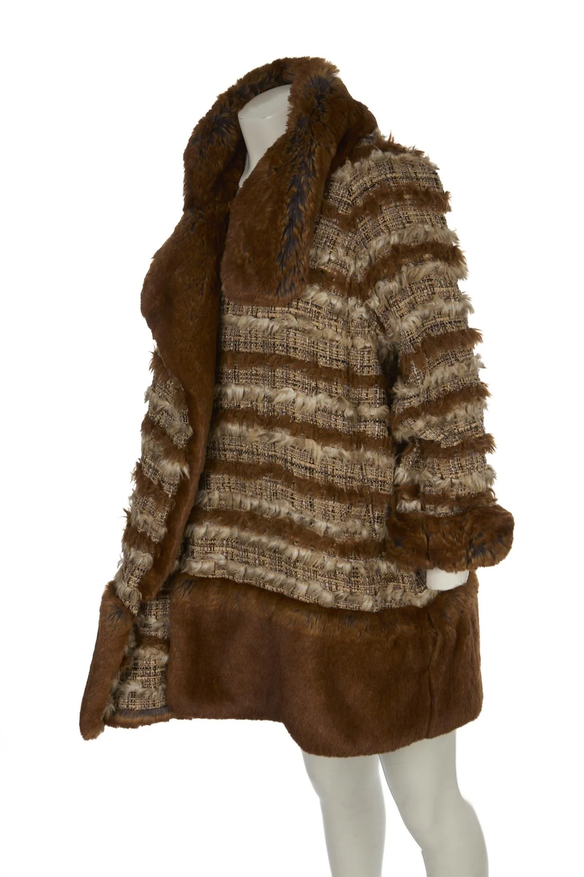 CHANEL BROWN 2010 FAUX FUR AND TWEED COAT FR 38 UK 10 - Image 3