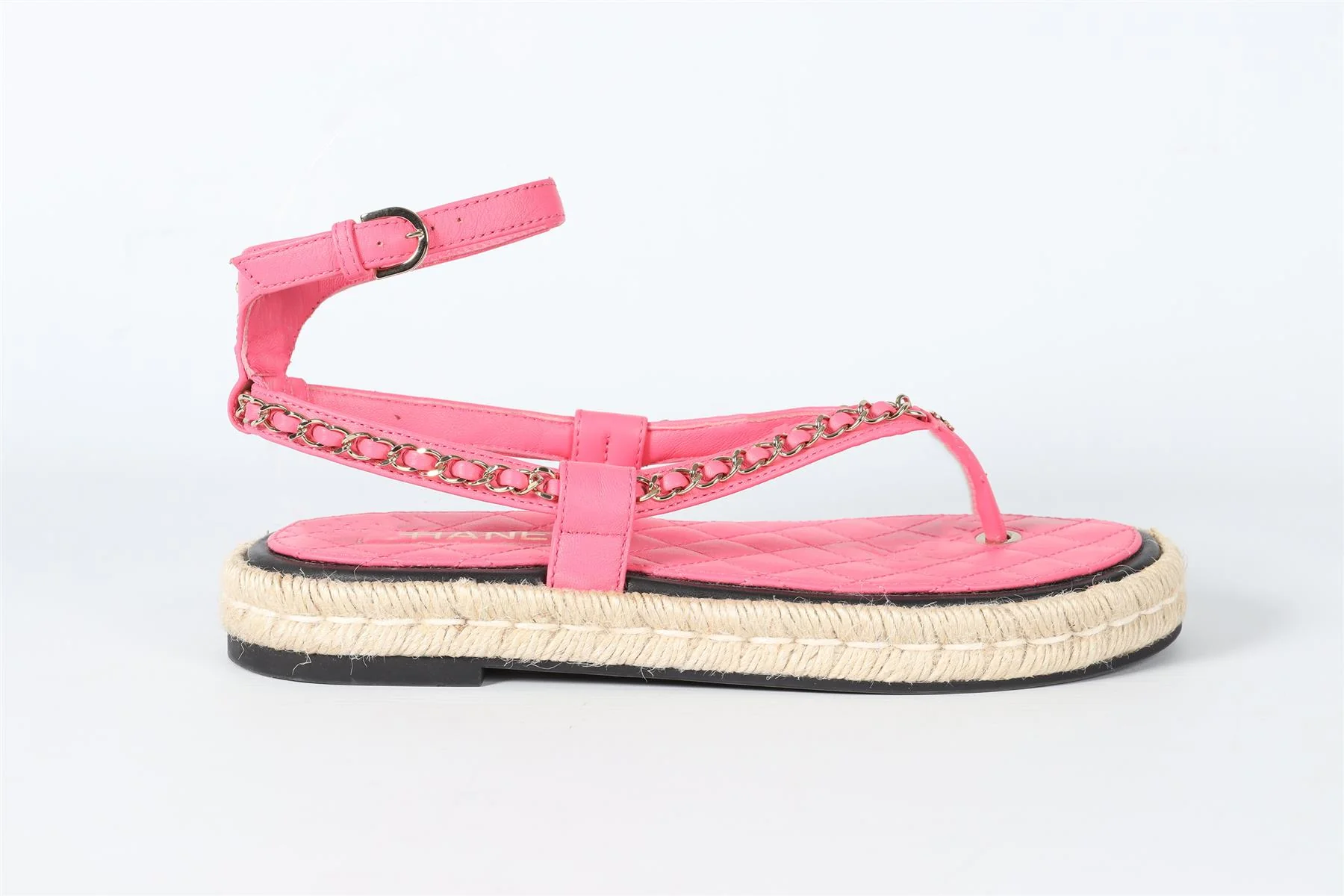 CHANEL PINK 2021 CHAIN AND QUILTED LEATHER THONG SANDALS EU 38 UK 5 US 8 - Image 2