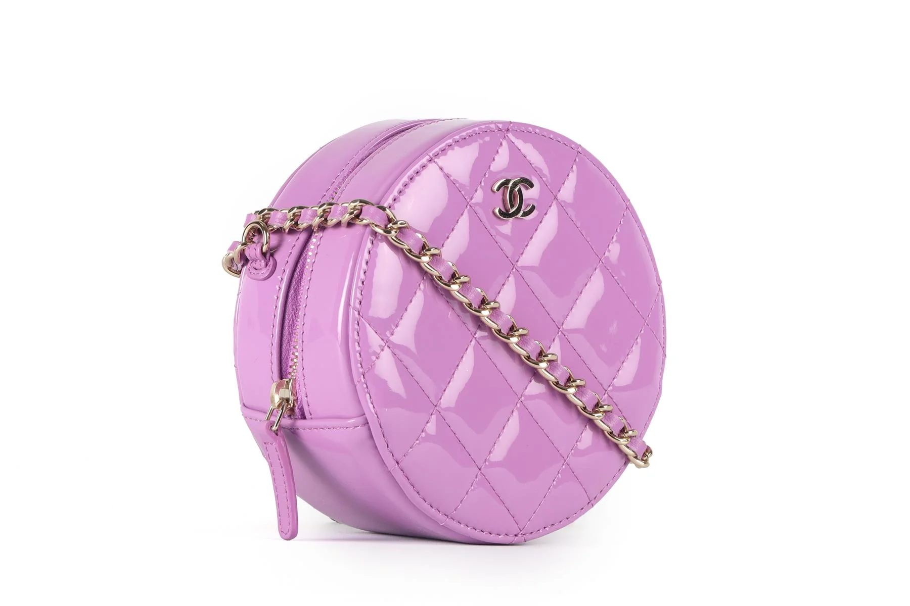 CHANEL PURPLE 2019 ROUND QUILTED PATENT LEATHER SHOULDER BAG - Image 4