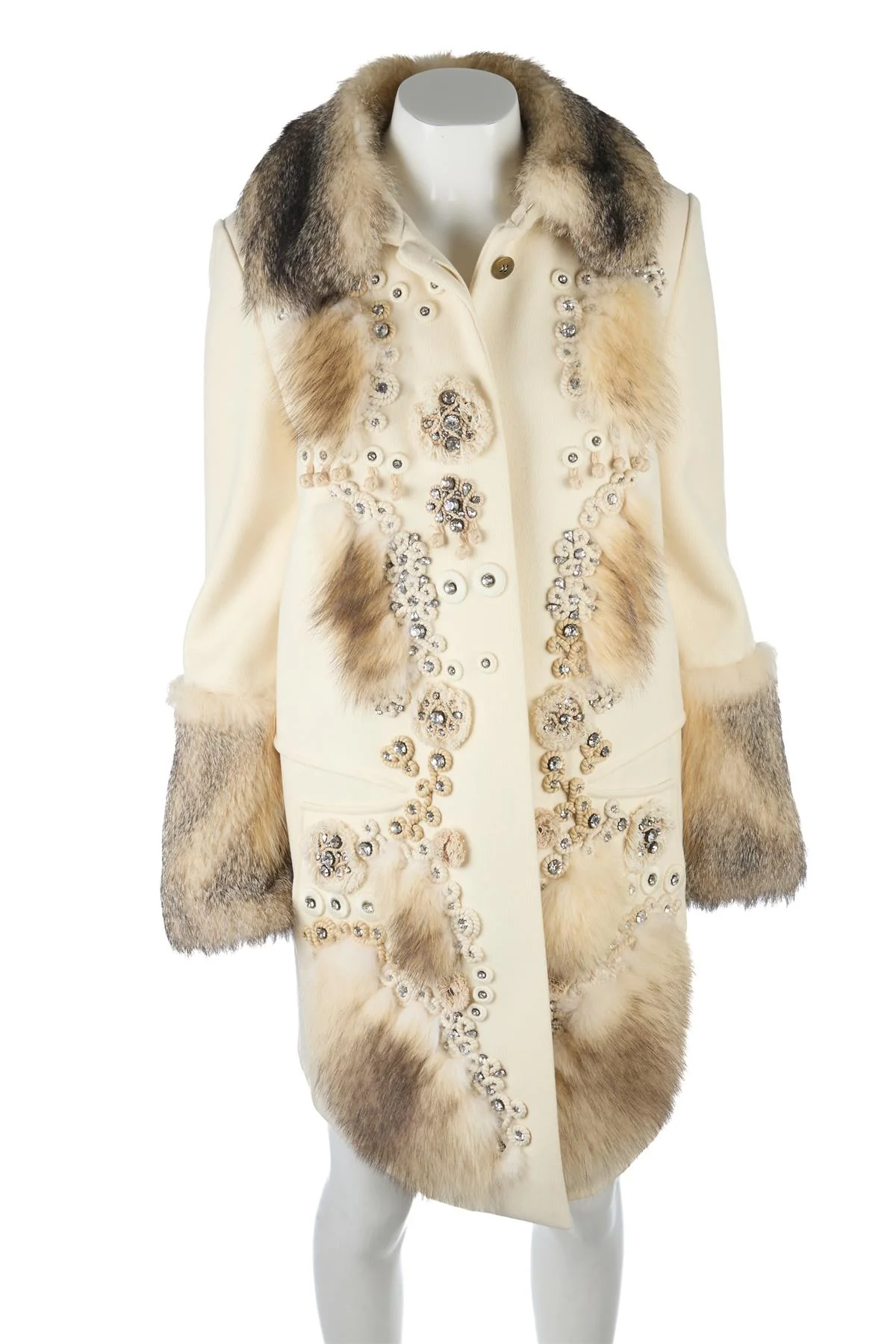 CHLOÉ CREAM 2008 FOX FUR AND WOOL COAT FR 36 UK 8 - Image 2
