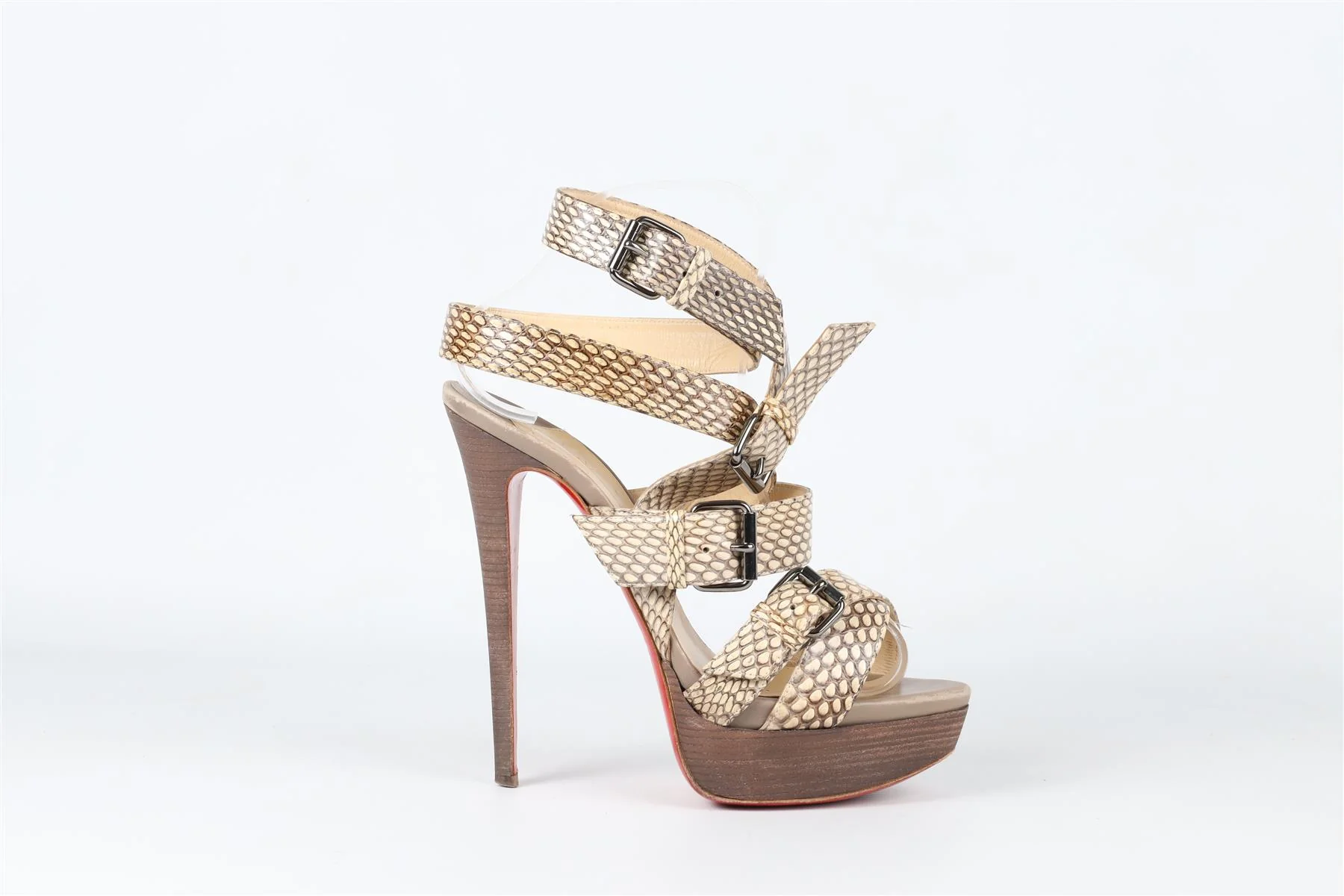 CHRISTIAN LOUBOUTIN TAUPE SNAKESKIN PLATFORM SANDALS EU 38 UK 5 US 8 - Image 3