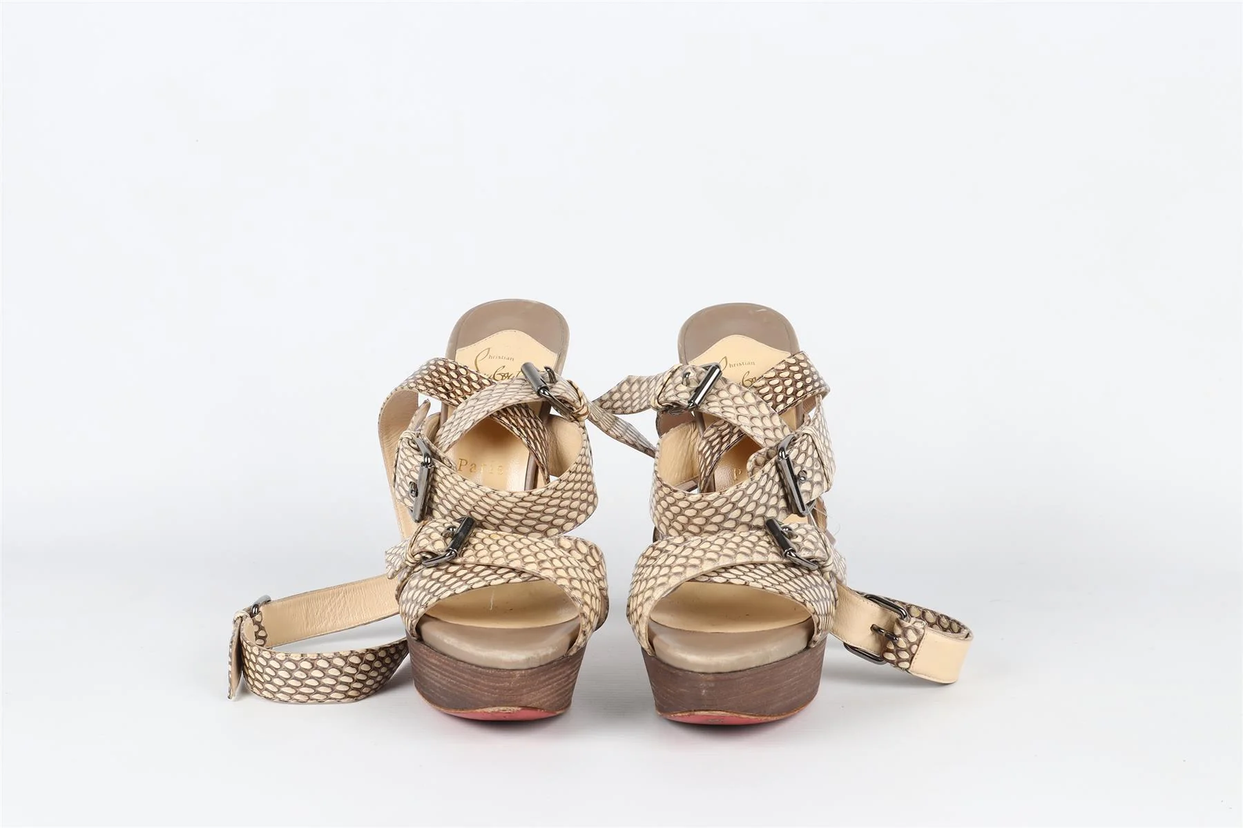 CHRISTIAN LOUBOUTIN TAUPE SNAKESKIN PLATFORM SANDALS EU 38 UK 5 US 8 - Image 4