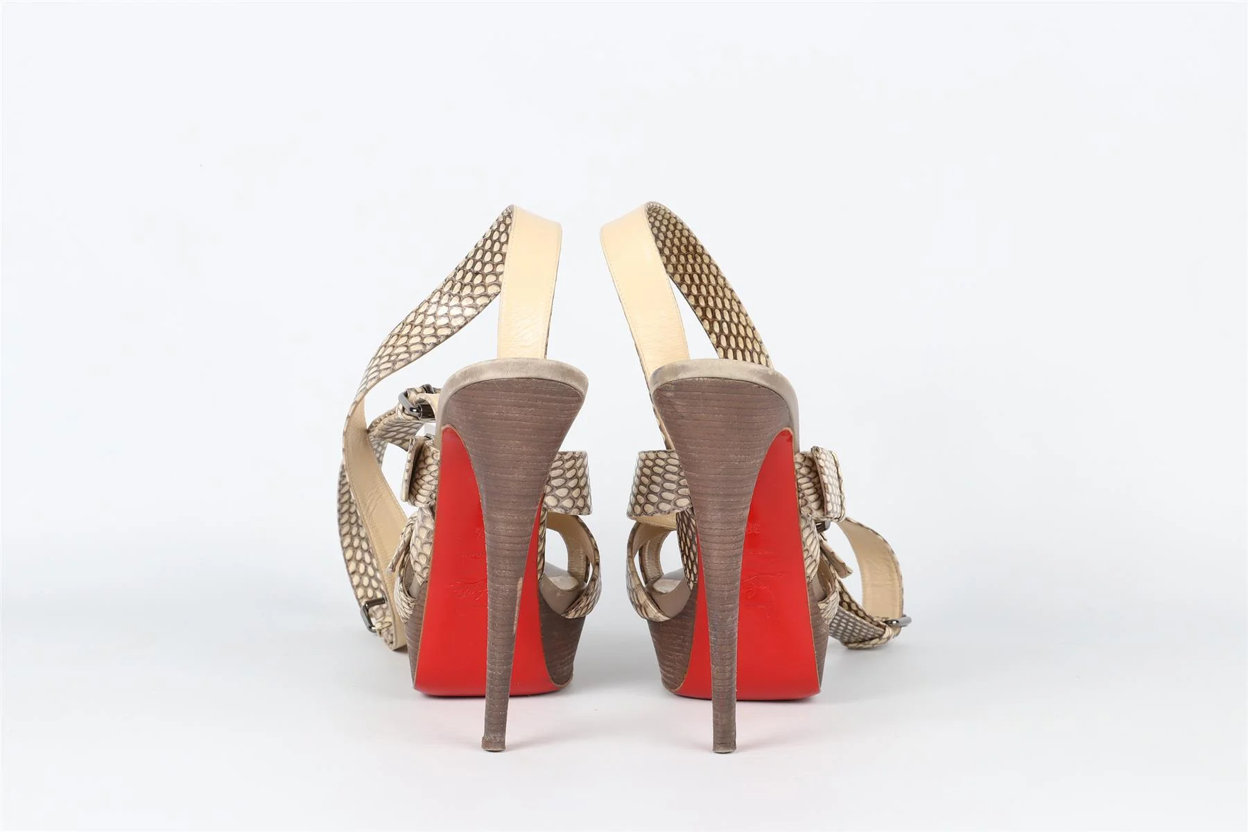 CHRISTIAN LOUBOUTIN TAUPE SNAKESKIN PLATFORM SANDALS EU 38 UK 5 US 8 - Image 6