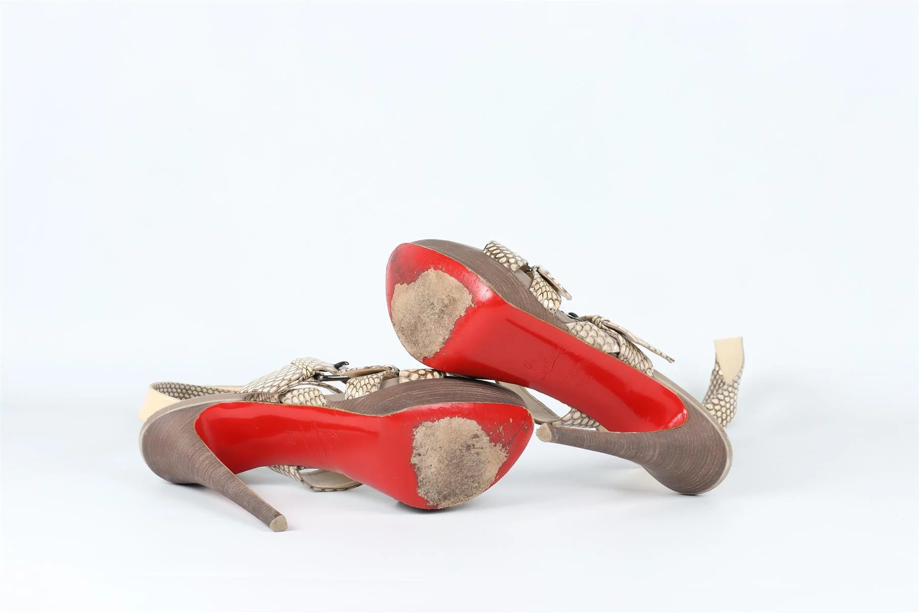 CHRISTIAN LOUBOUTIN TAUPE SNAKESKIN PLATFORM SANDALS EU 38 UK 5 US 8 - Image 7