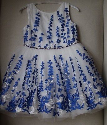 DAVID CHARLES GIRLS WHITE & BLUE EMBROIDERED TULLE DRESS 4 YEARS - Image 3