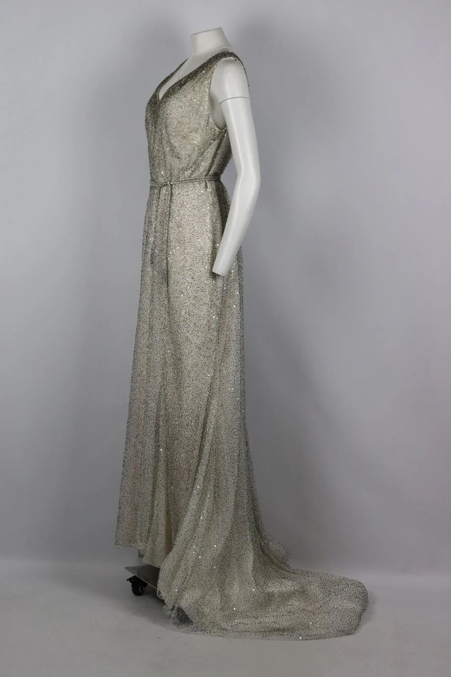 DENNIS BASSO BELTED BEAD EMBELLISHED TULLE AND SILK GOWN UK 18 - Image 3