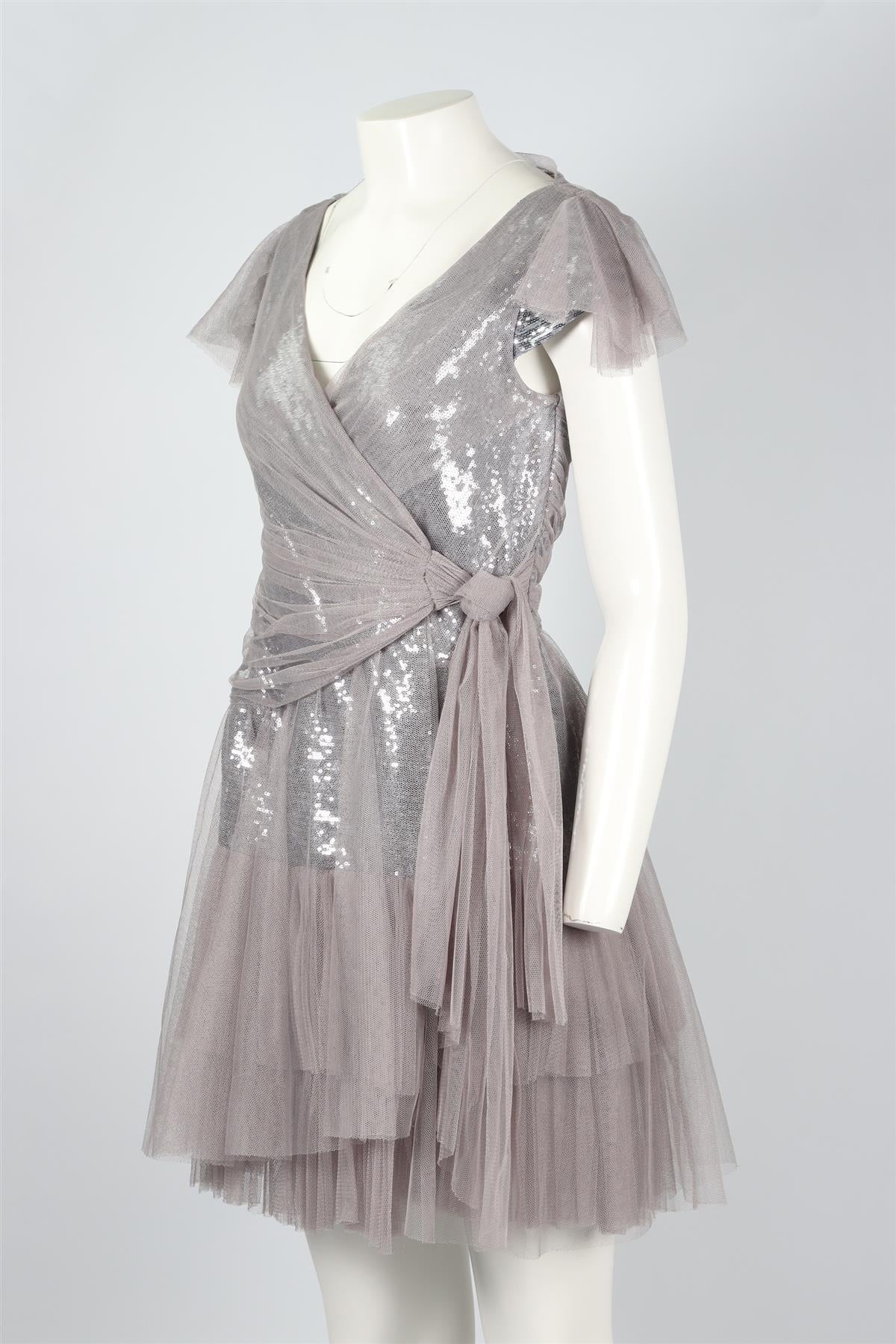 DIANE VON FURSTENBERG GREY SEQUIN AND TULLE MINI DRESS US 2 UK 6 - Image 3
