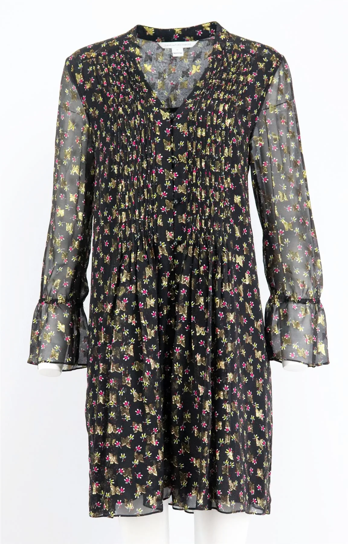 DIANE VON FURSTENBERG LAYLA METALLIC SILK BLEND CHIFFON MINI DRESS US 12 UK 16 - Image 2