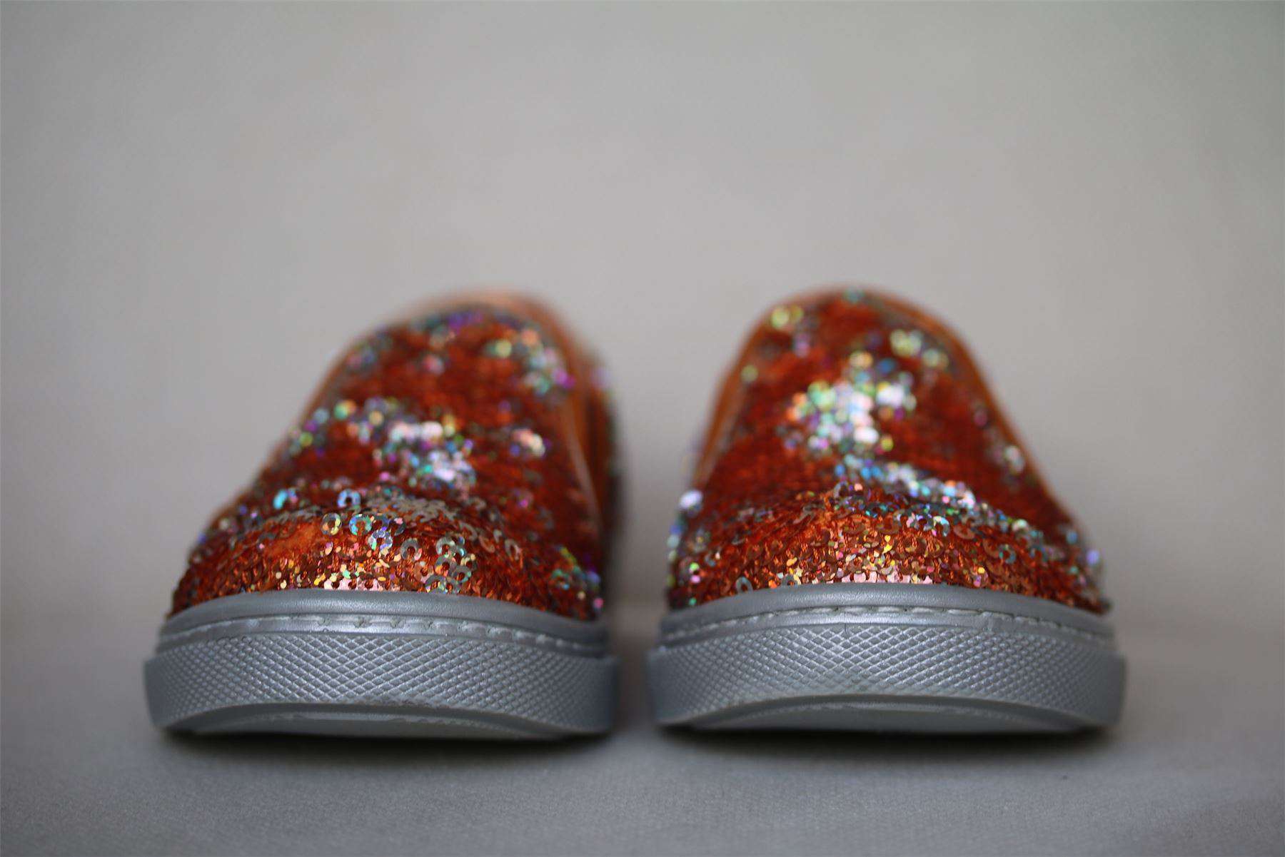 DIOR GIRLS ORANGE & SILVER SEQUIN SLIP-ON SHOES EU 27 UK 9 - Image 2