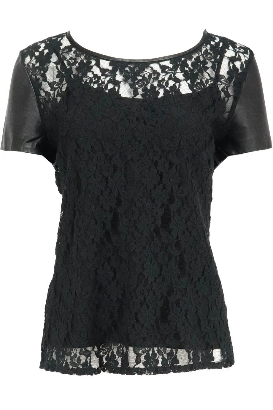 DKNY LEATHER TRIMMED LACE TOP LARGE