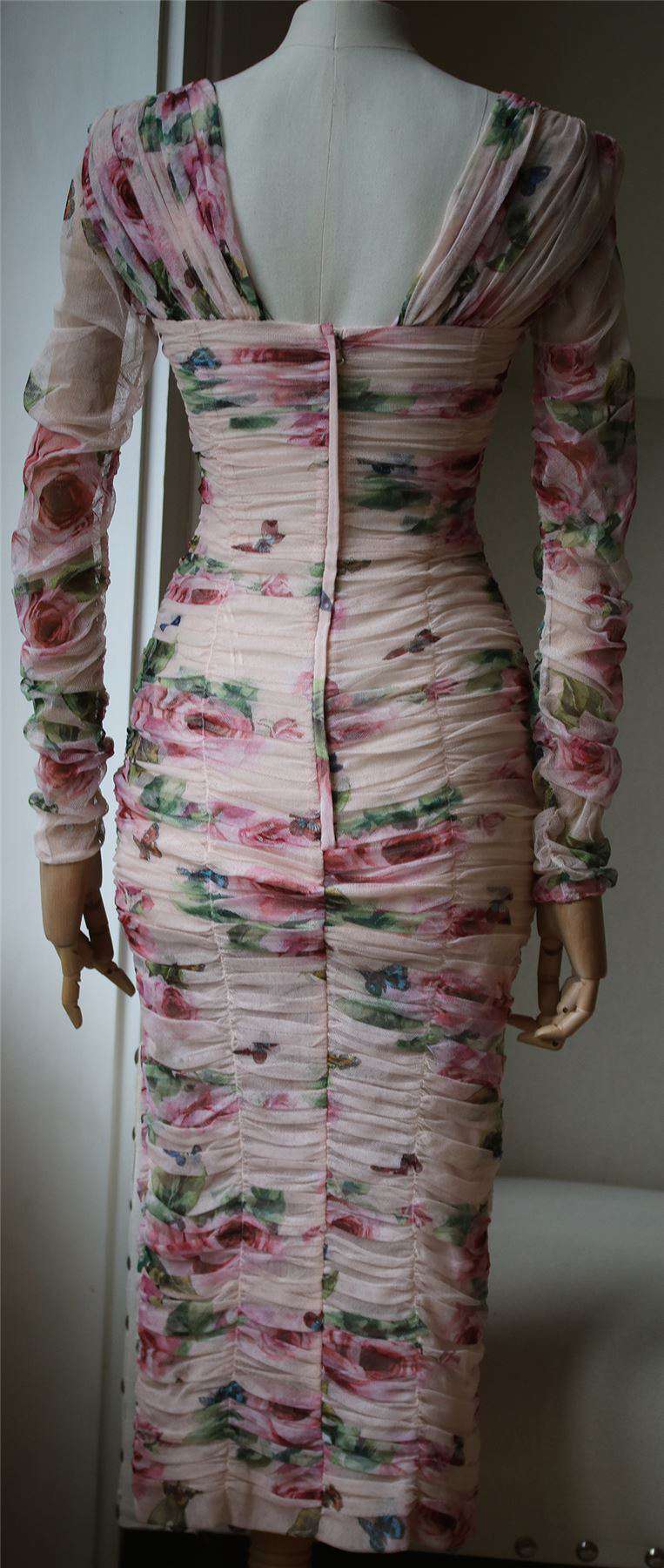 DOLCE AND GABBANA ROSE-PRINT RUCHED-TULLE DRESS IT 38 UK 6 - Image 6