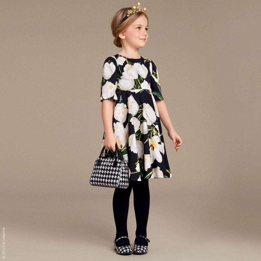 DOLCE & GABBANA GIRLS BLACK VISCOSE CRÊPE DRESS WITH WHITE TULIP PRINT 3 YEARS - Image 2