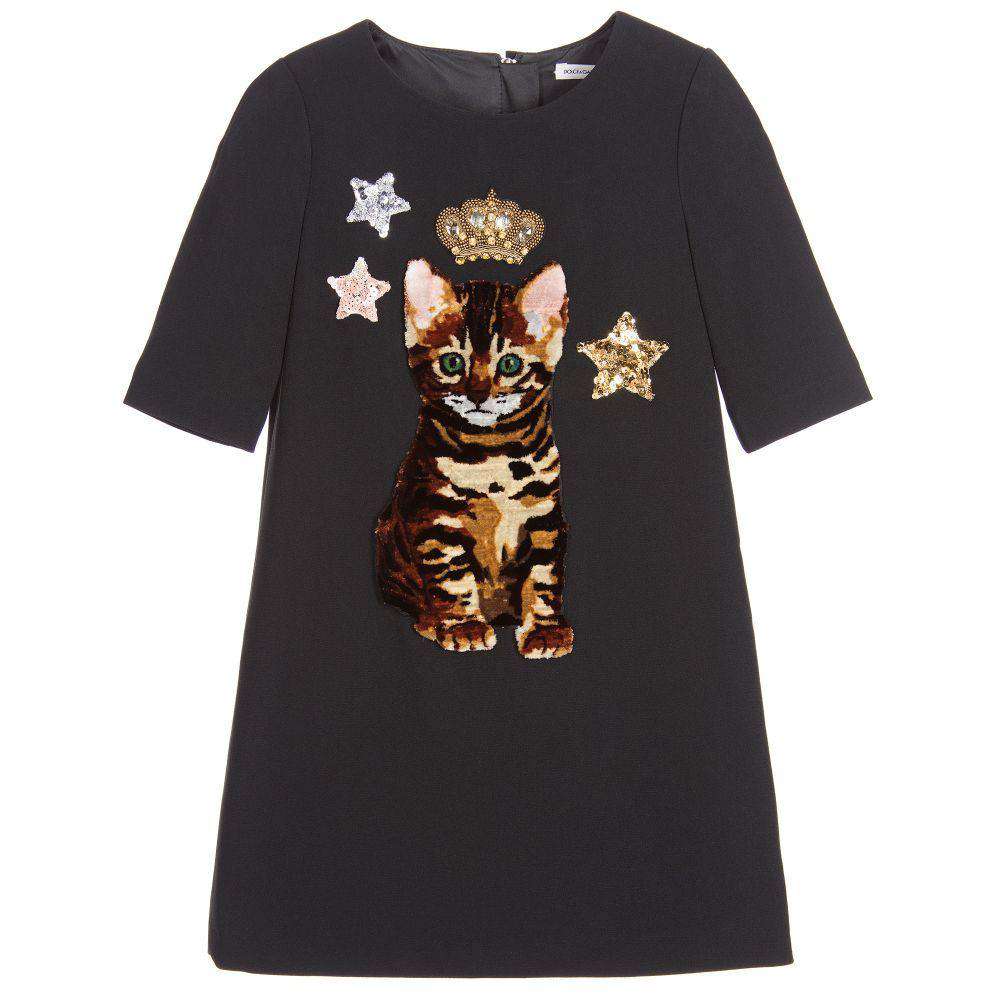 DOLCE & GABBANA GIRLS BLACK ZAMBIA CAT DRESS 3 YEARS - Image 2