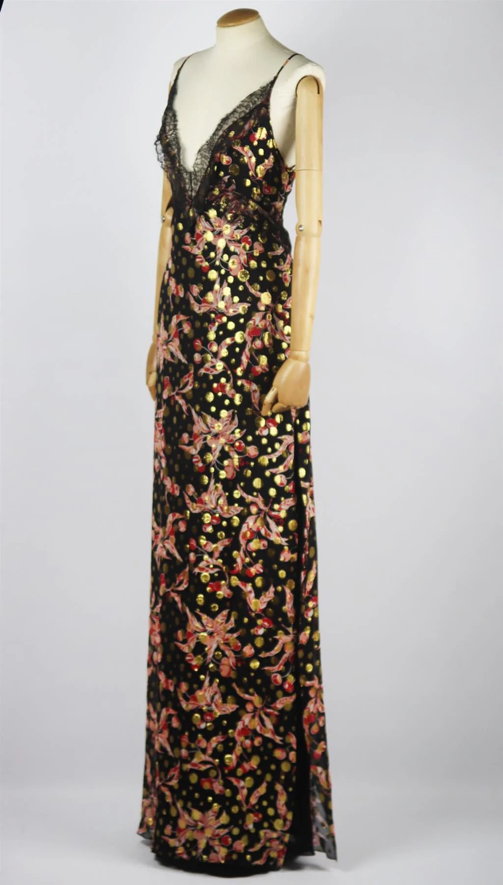 DUNDAS LACE TRIMMED PRINTED METALLIC FIL COUPÉ SILK BLEND MAXI DRESS IT 46 UK 14 - Image 3
