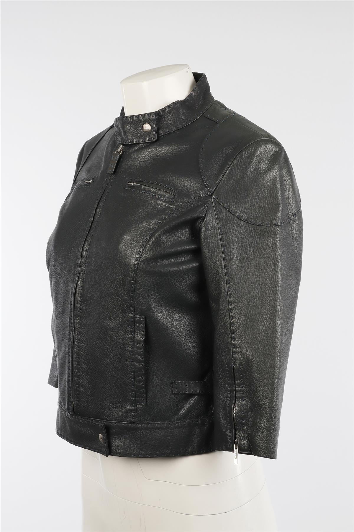 FENDI GREY VINTAGE LEATHER JACKET IT 40 UK 8 - Image 3