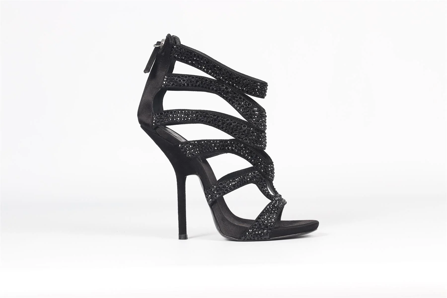GIUSEPPE ZANOTTI BLACK CRYSTAL AND SATIN SANDALS EU 37.5 UK 4.5 US 7.5 - Image 2