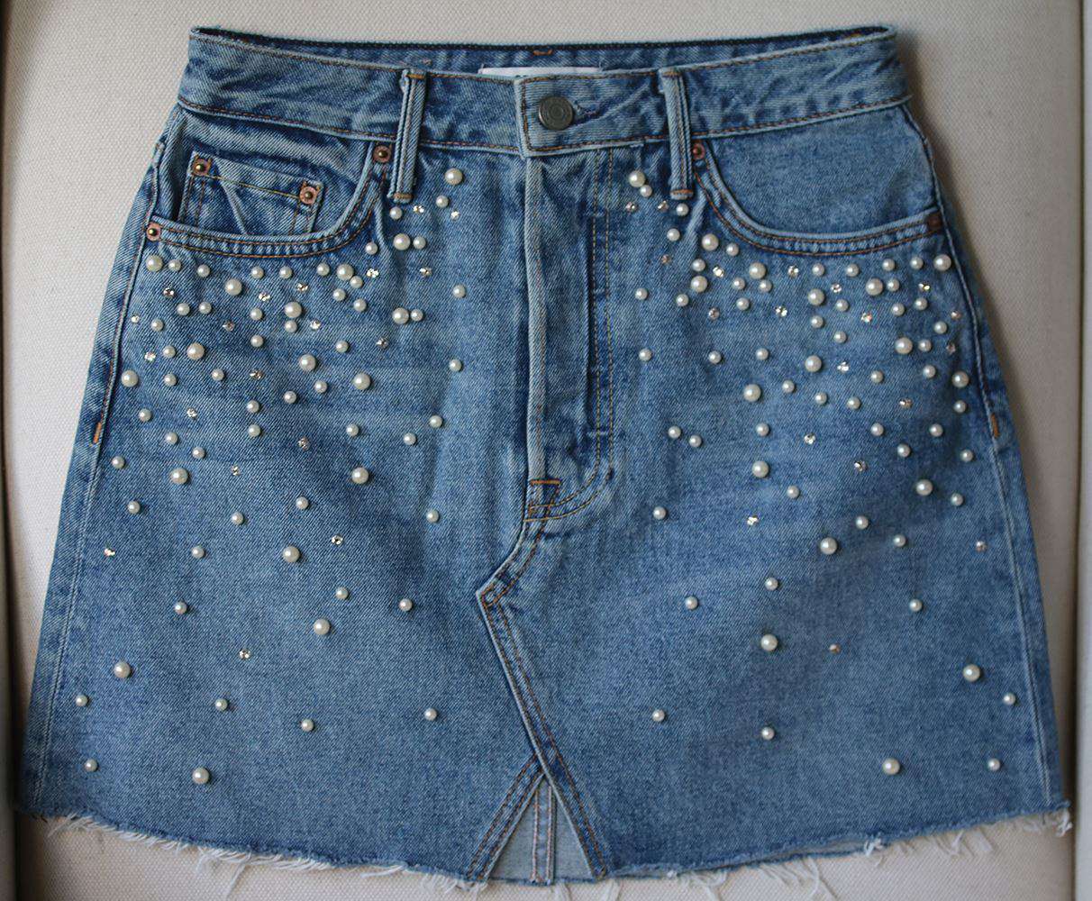 GRLFRND MILLA EMBELLISHED A-FRAME DENIM SKIRT IN SOLSTICE W25 UK 6/8 - Image 3