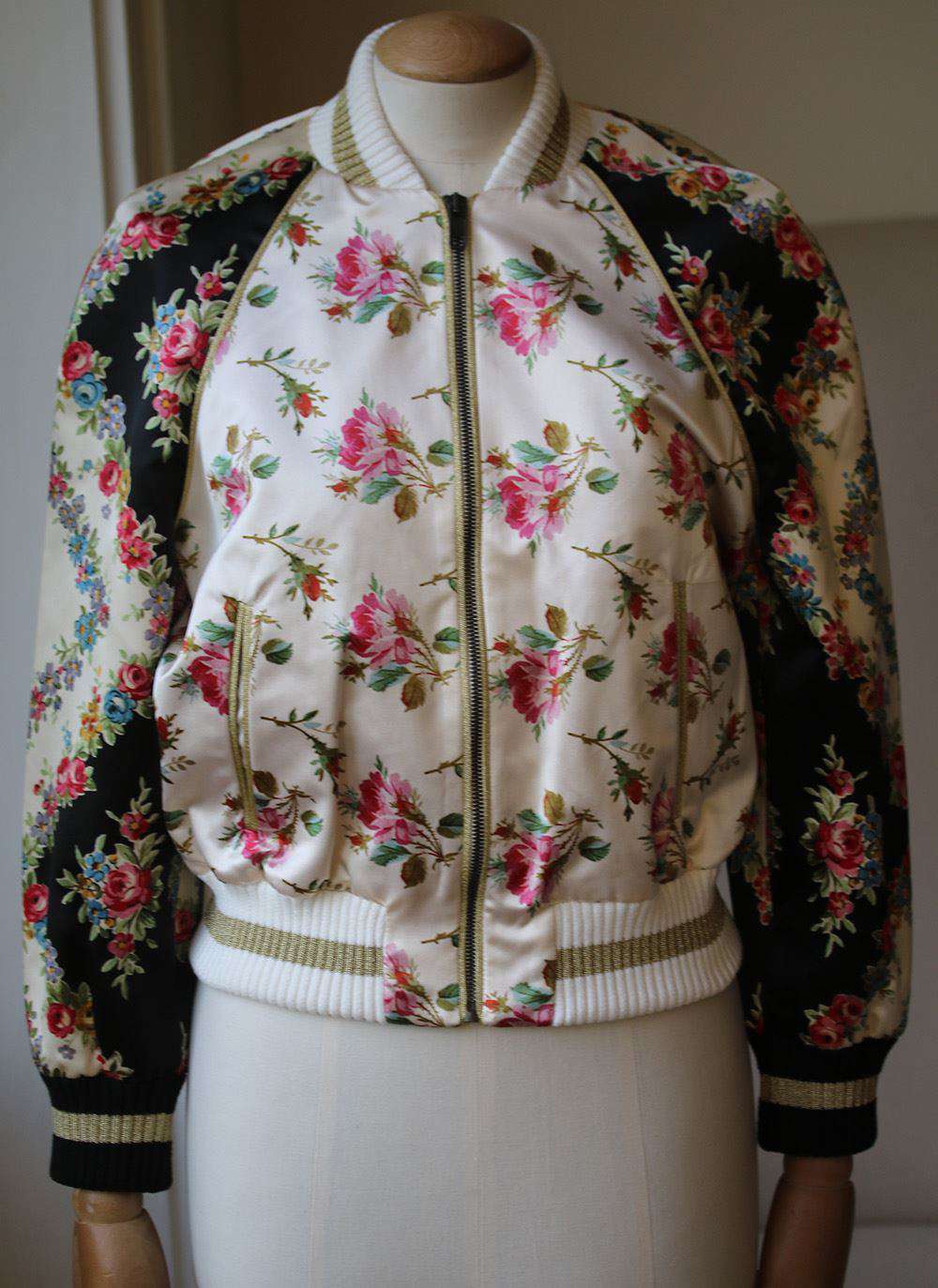 GUCCI APPLIQUÉD FLORAL PRINT DUCHESSE SILK SATIN BOMBER JACKET IT 38 UK 6 - Image 3