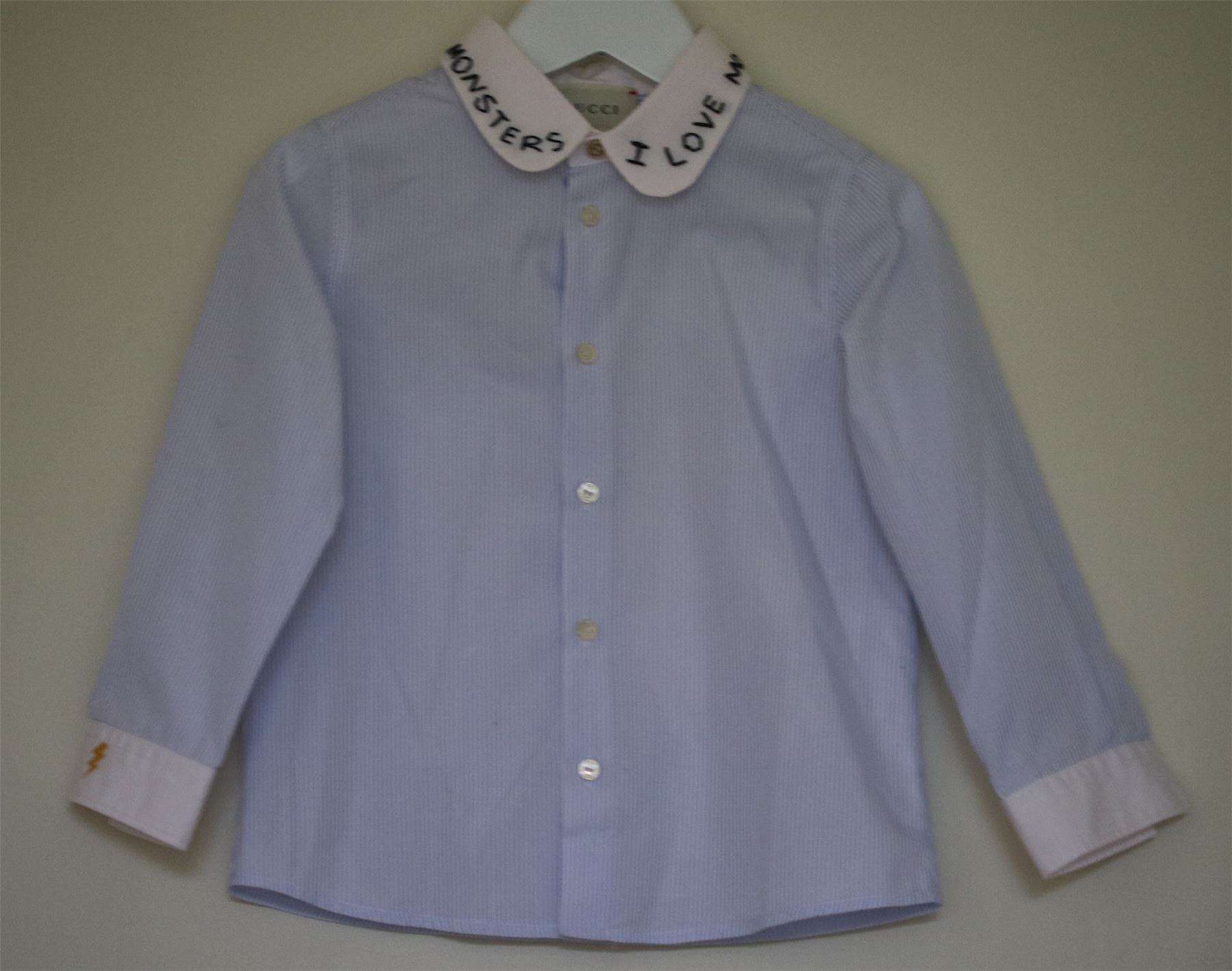 GUCCI BABY BOYS BLUE PINSTRIPED SHIRT WITH I LOVE MONSTERS COLLAR 18-24 MONTHS - Image 2
